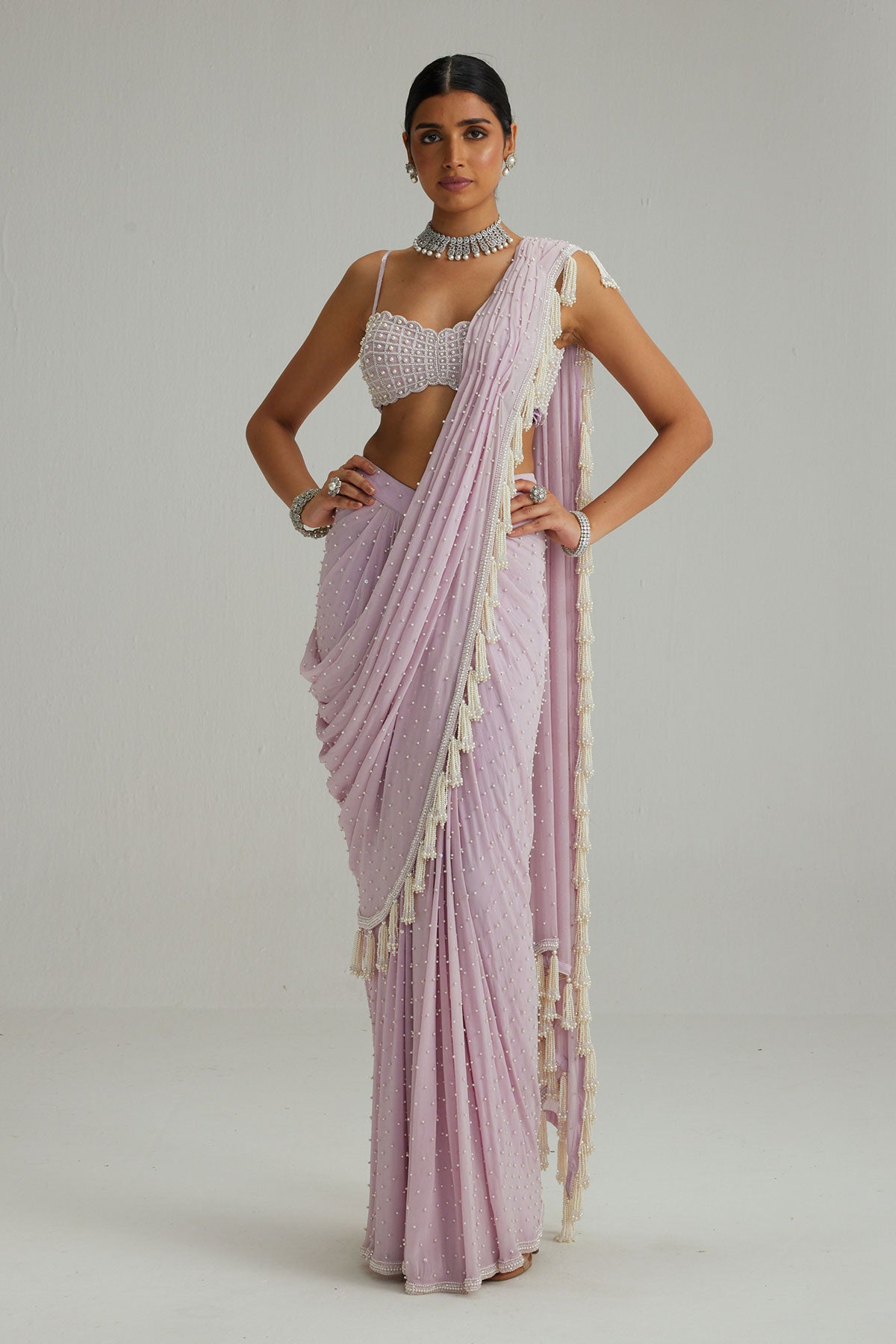 Lavender draped saree set