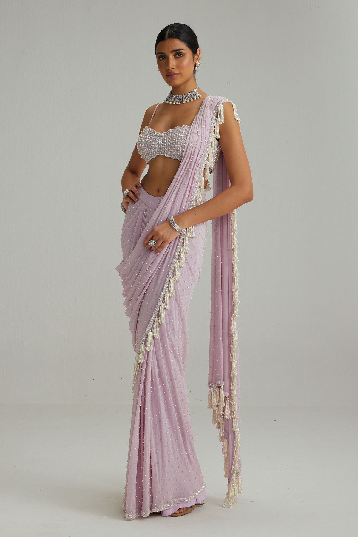 Lavender draped saree set