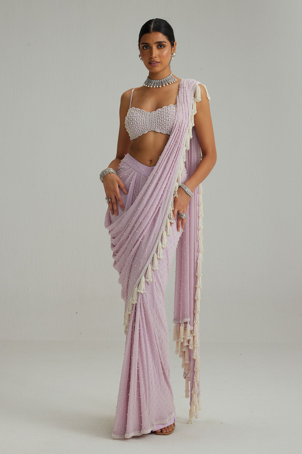 Lavender draped saree set