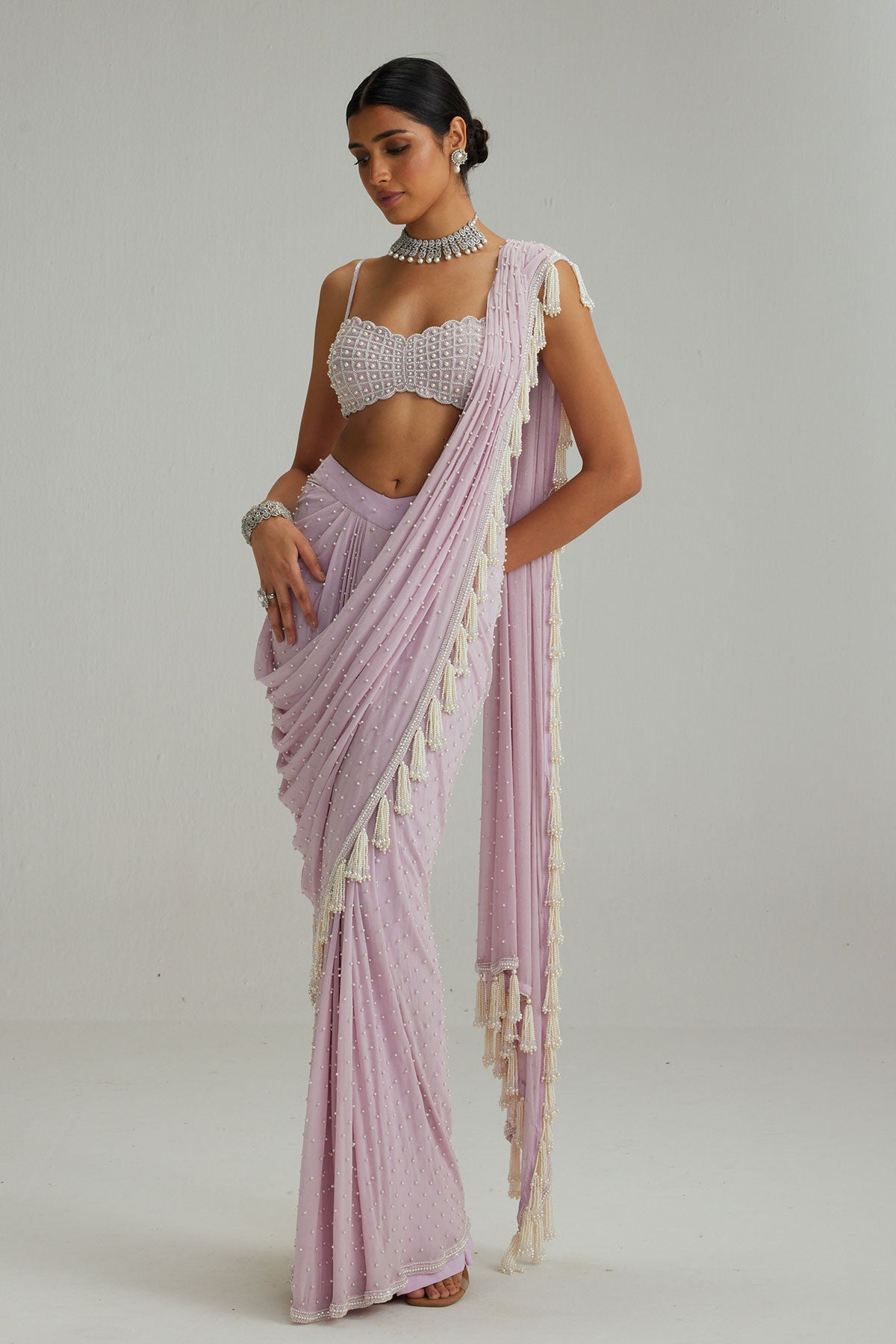 Lavender draped saree set