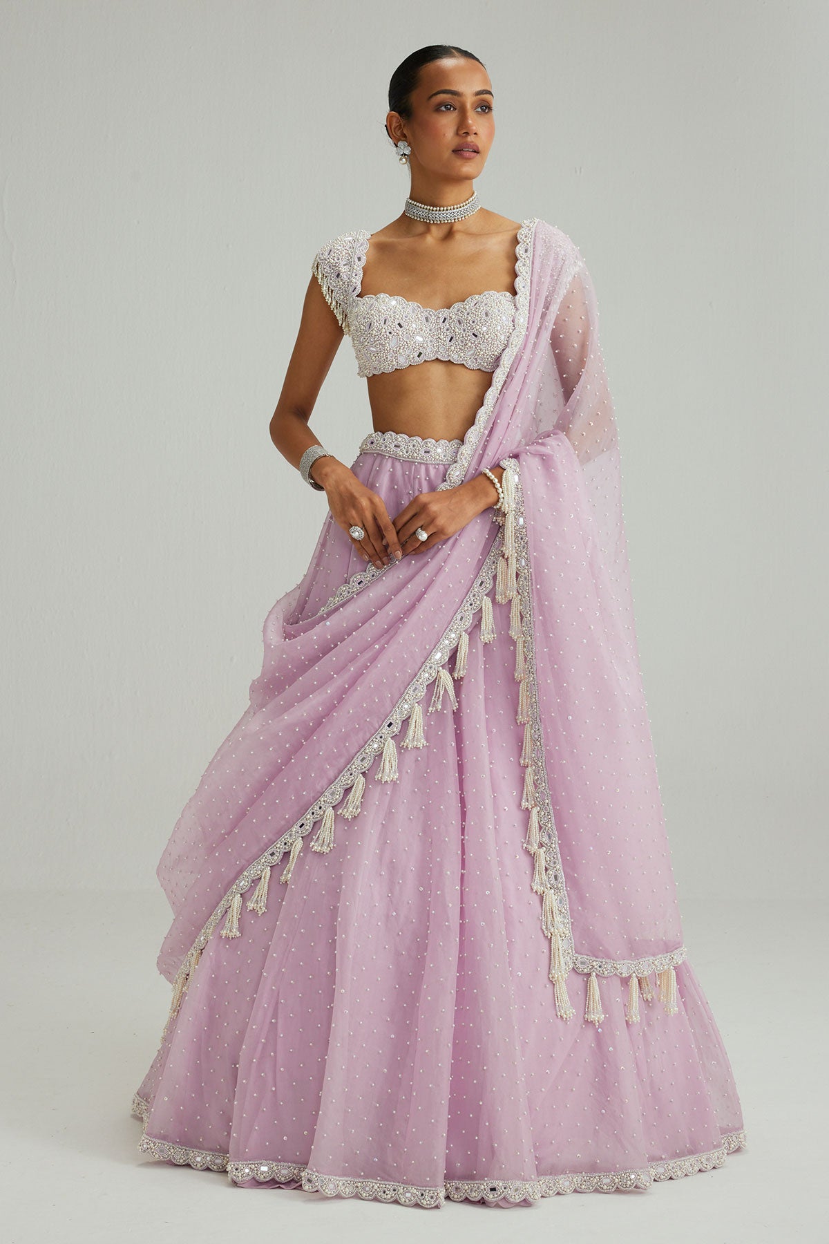 Lavender mirror and pearl lehenga set