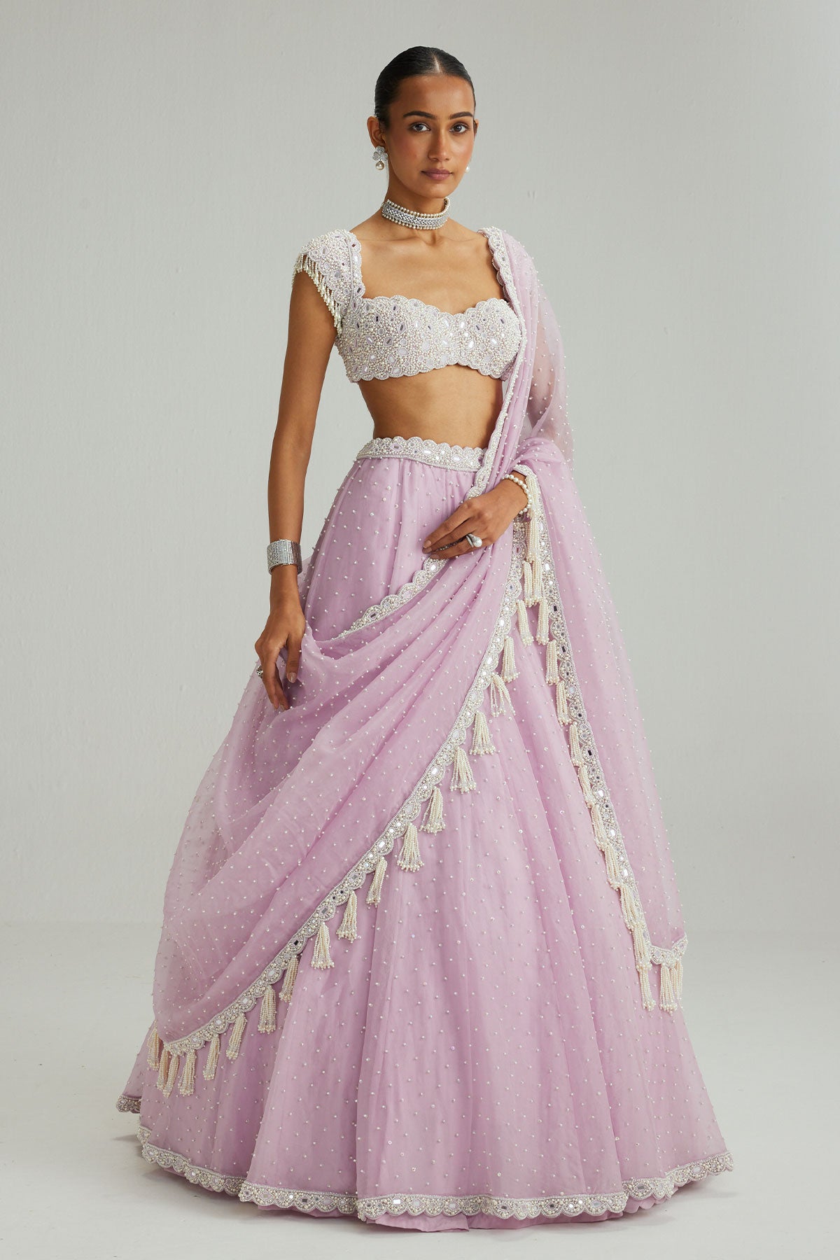 Lavender mirror and pearl lehenga set