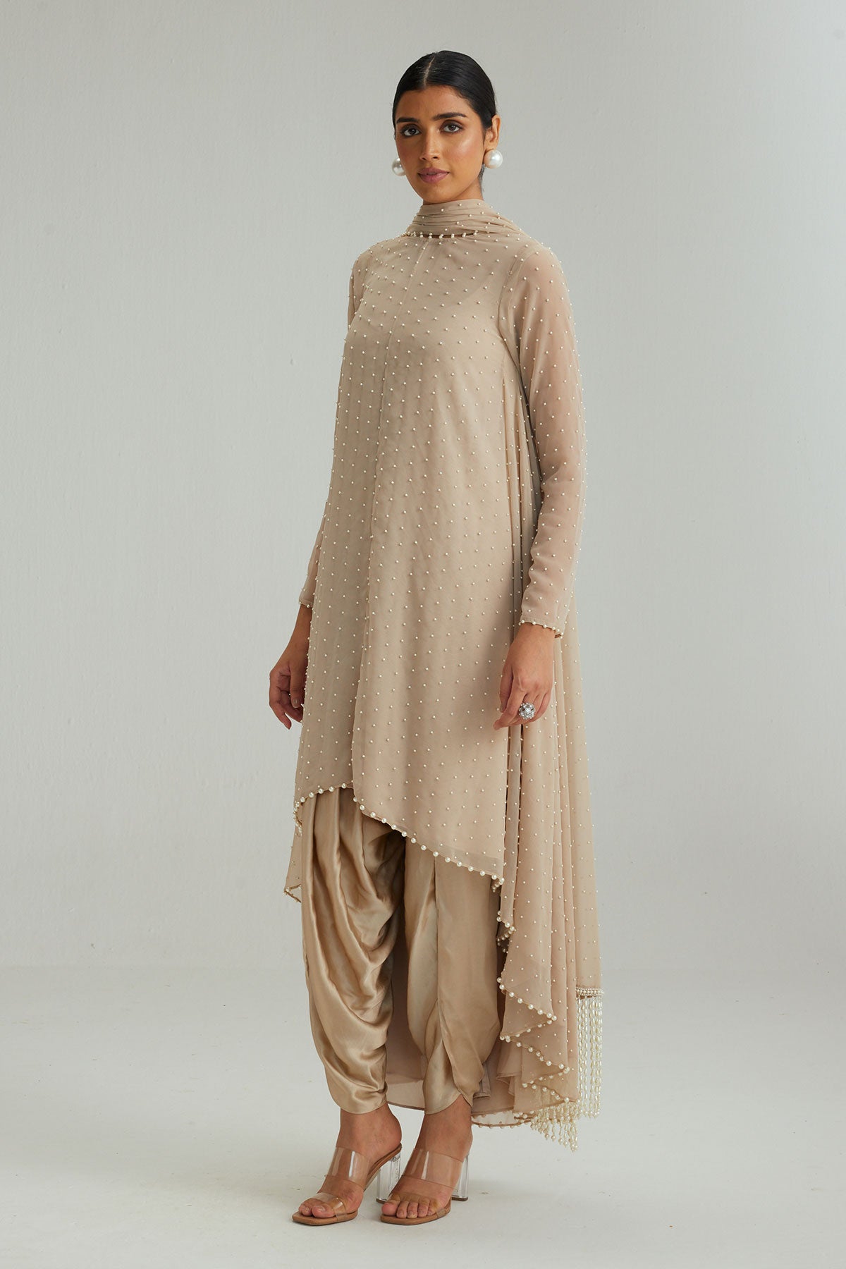 Light Beige pearl Kurta With Stole Set