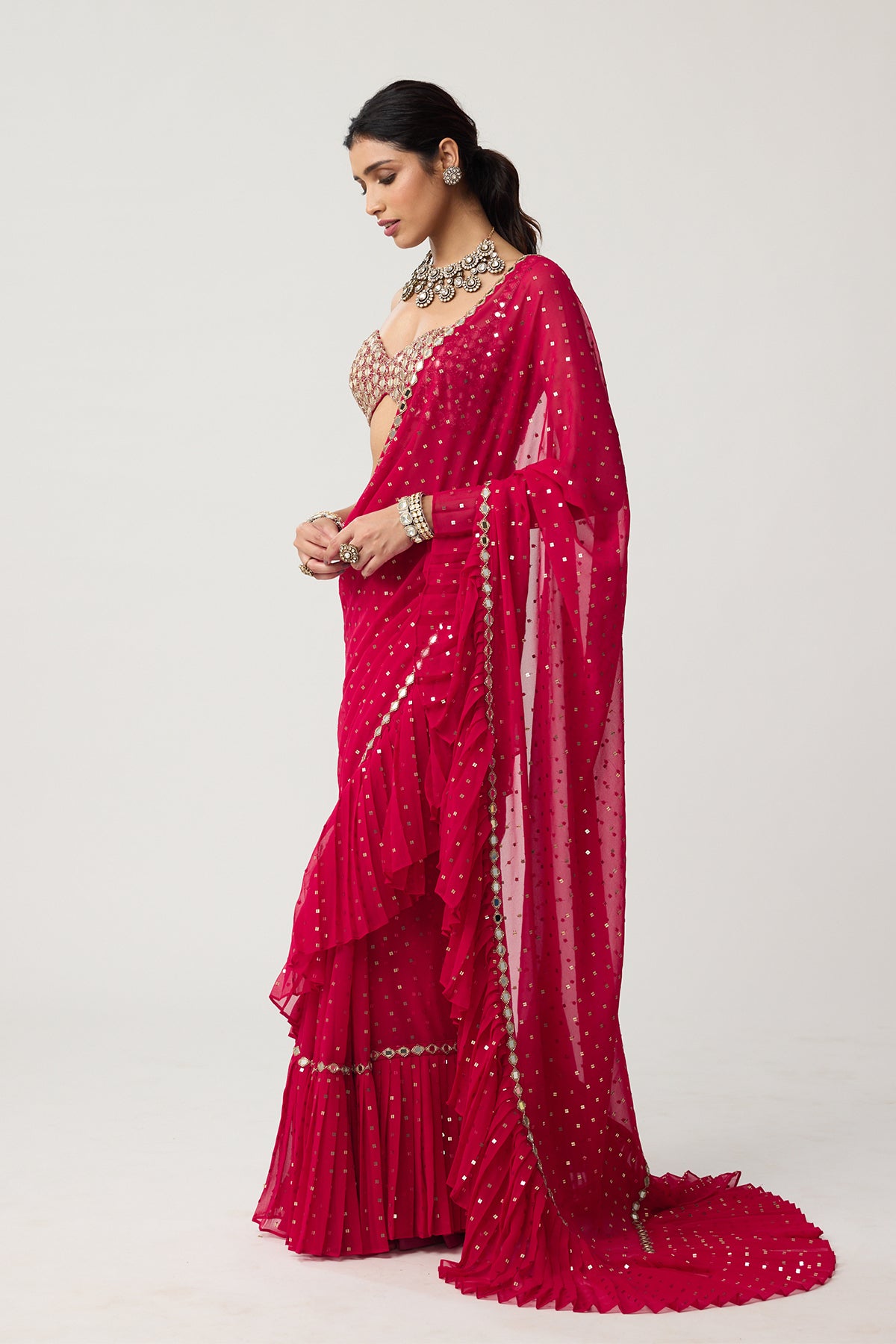Crimson Red Ruffle Sequins Mirror Saree Set