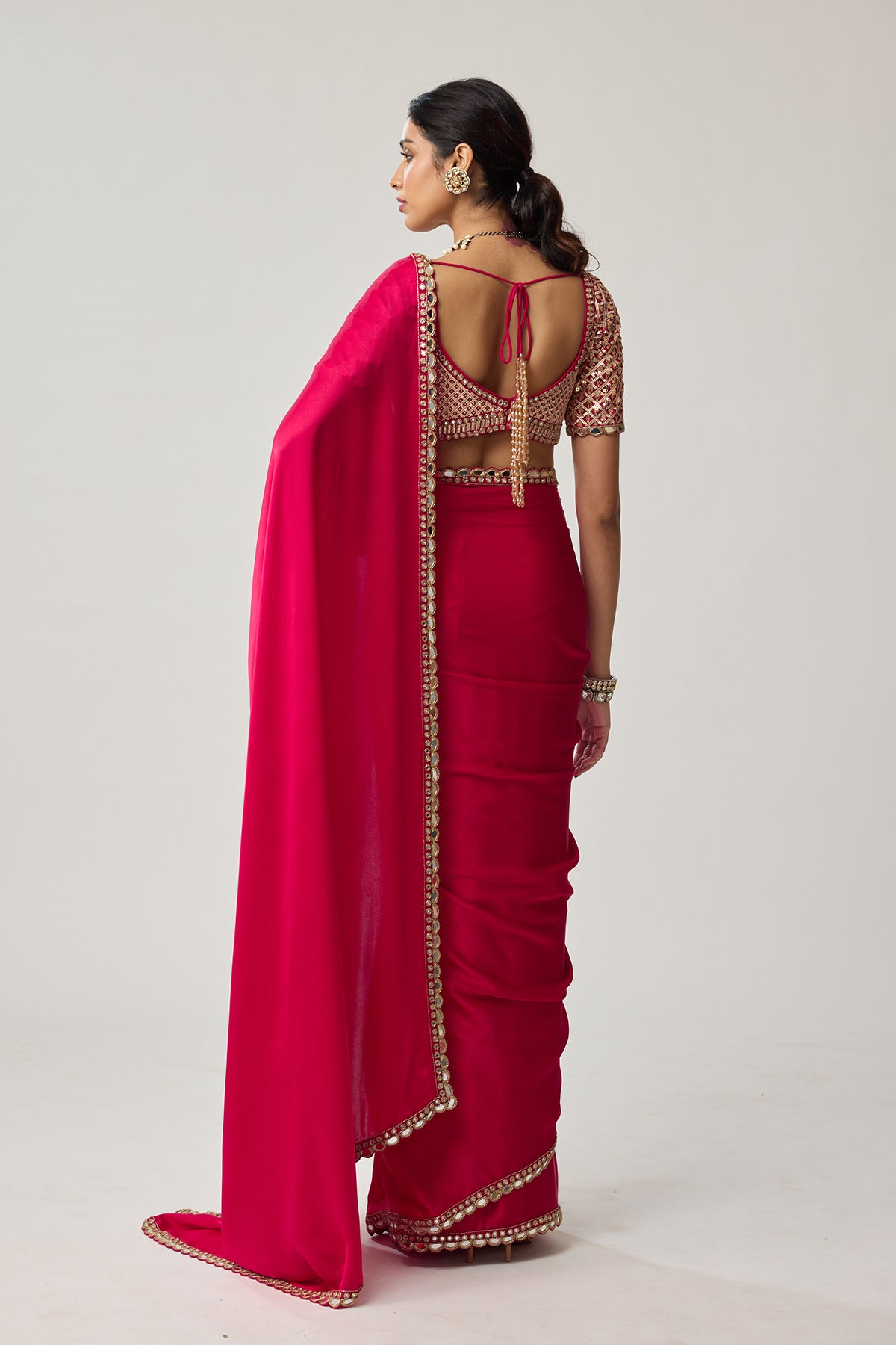 Crimson Red Gota Mirror Satin Saree Set