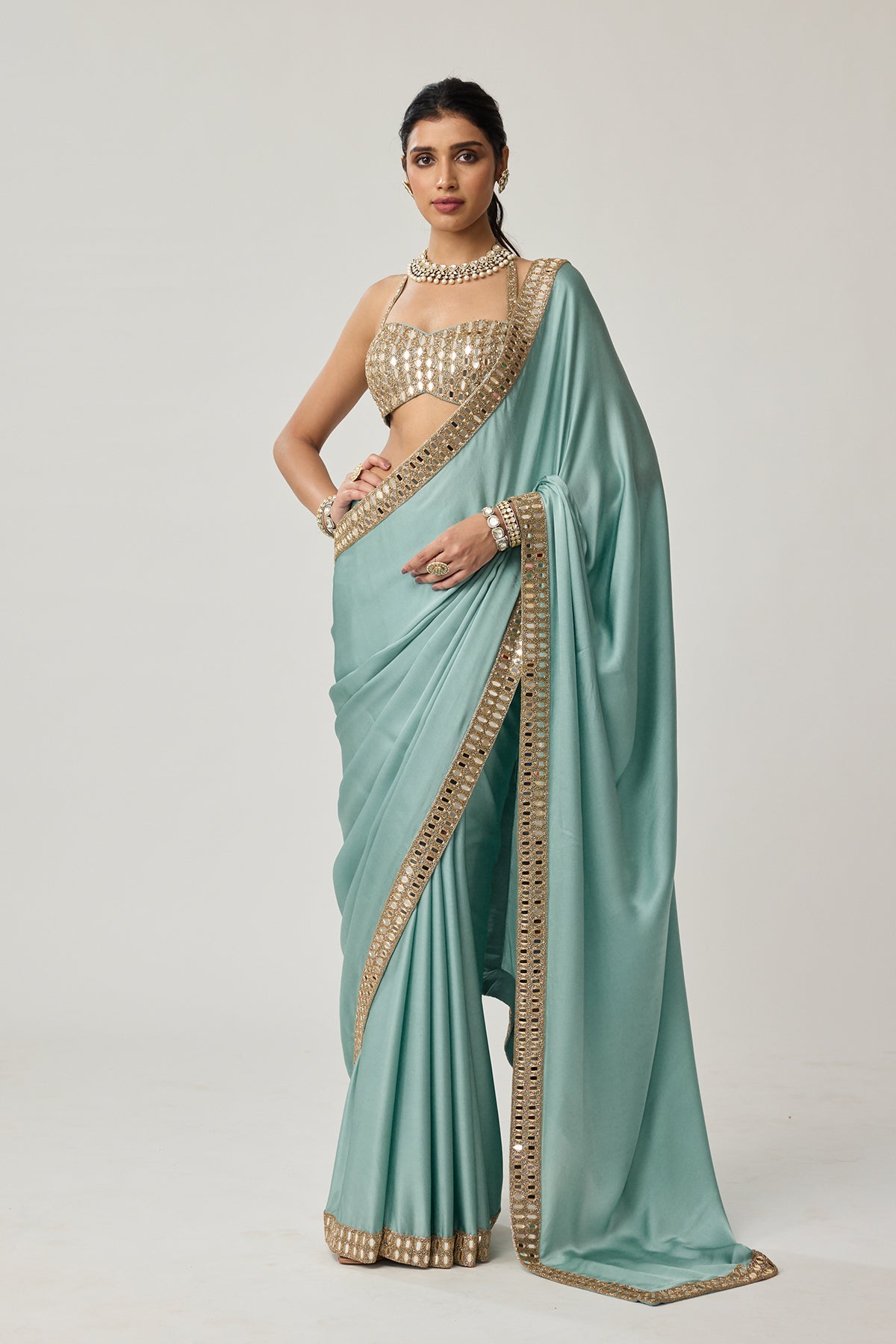 Powder Blue Mirror Satin Saree Set