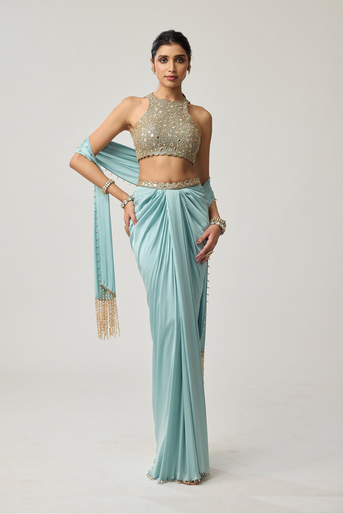 Powder Blue Mirror Satin draped skirt Set