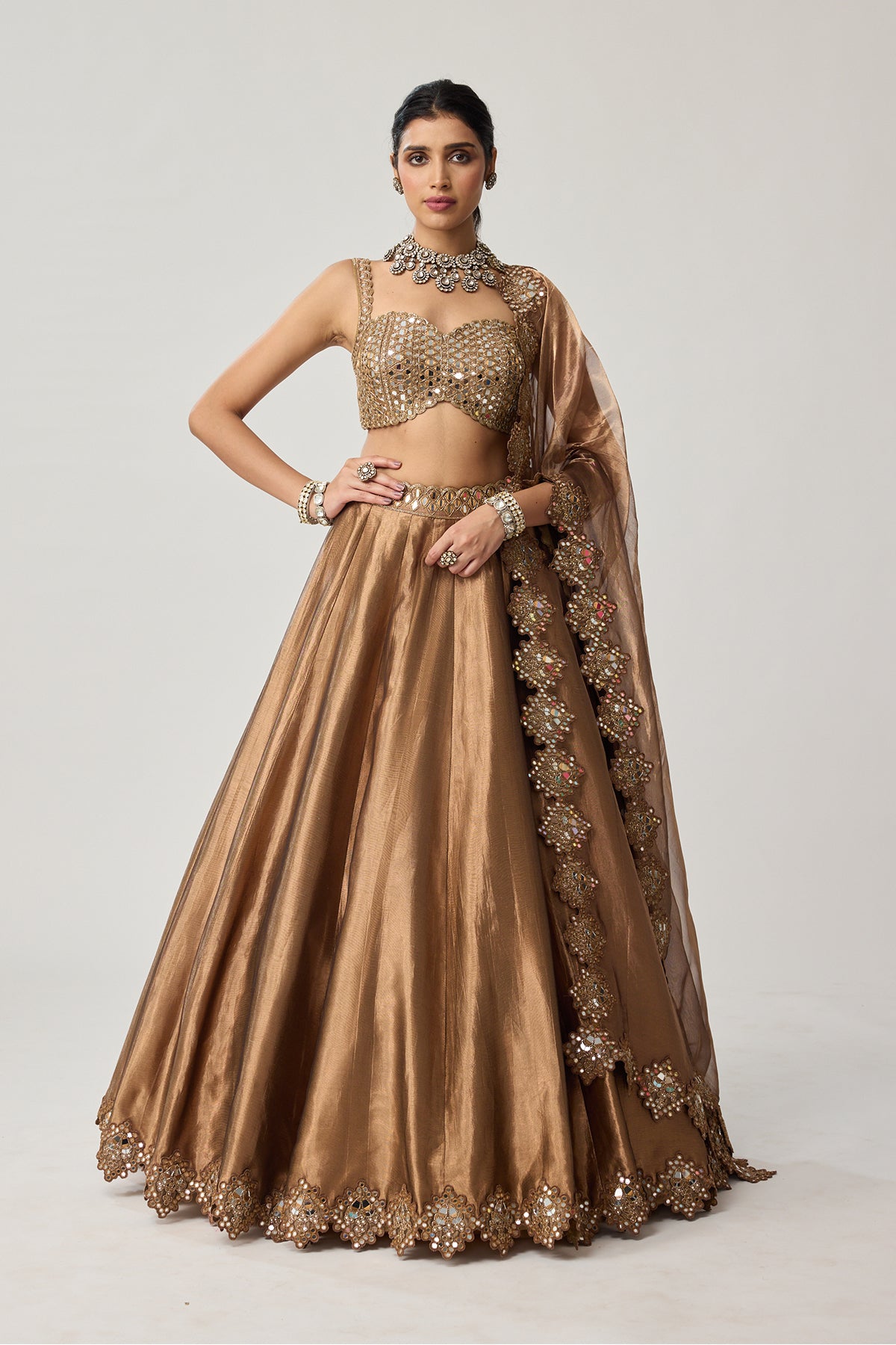 Copper Tissue Mirror Geometry Lehenga Set