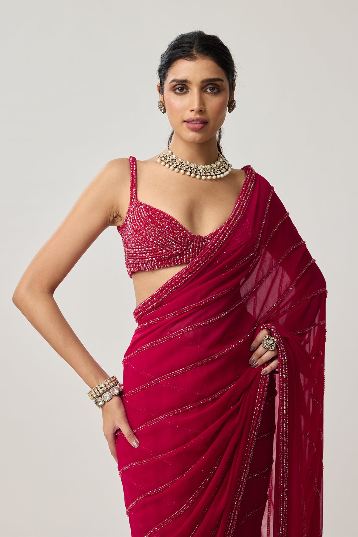 Ruby Red Crystal Saree set