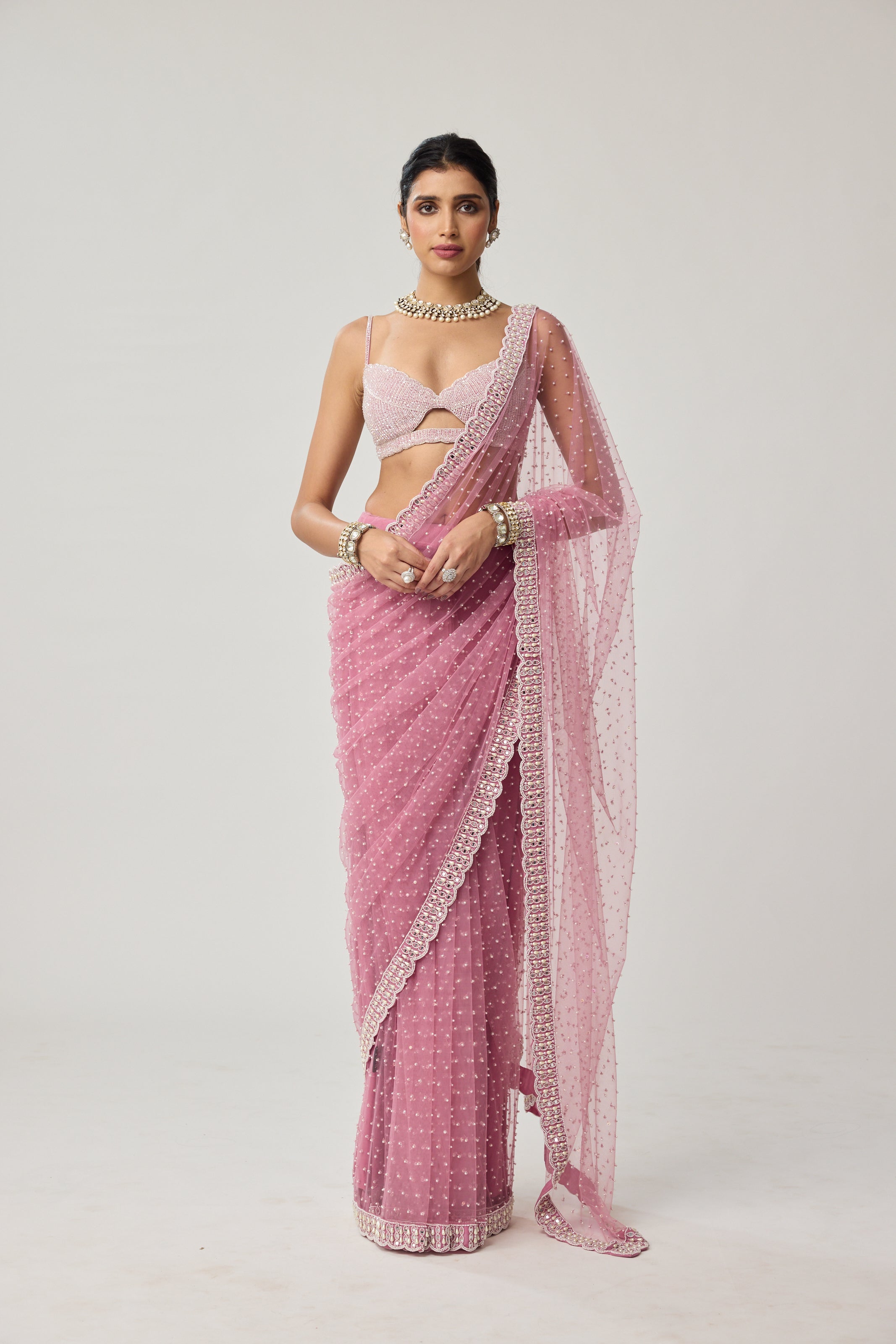 Onion Pink Pearl Scattered Net saree set