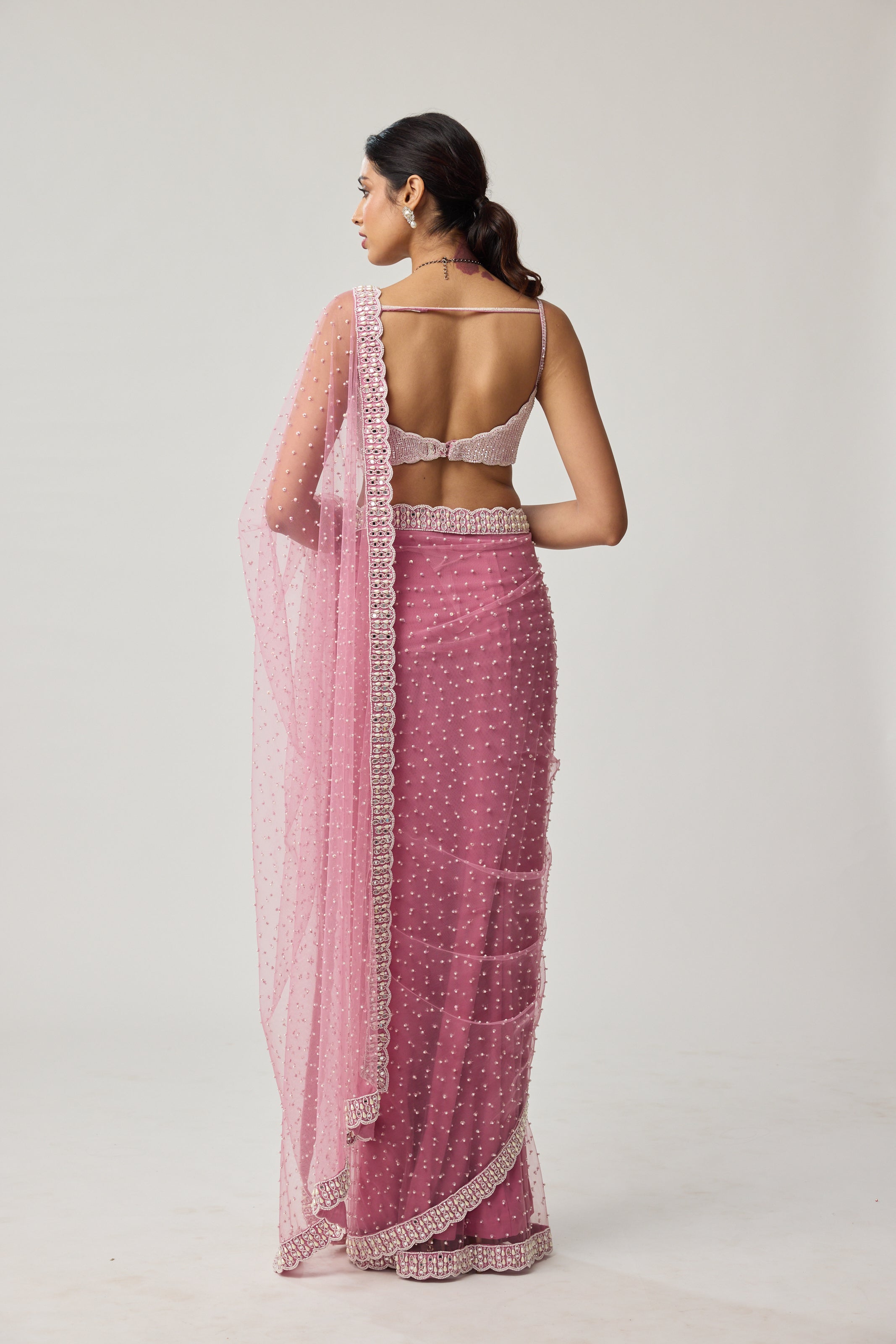 Onion Pink Pearl Scattered Net saree set
