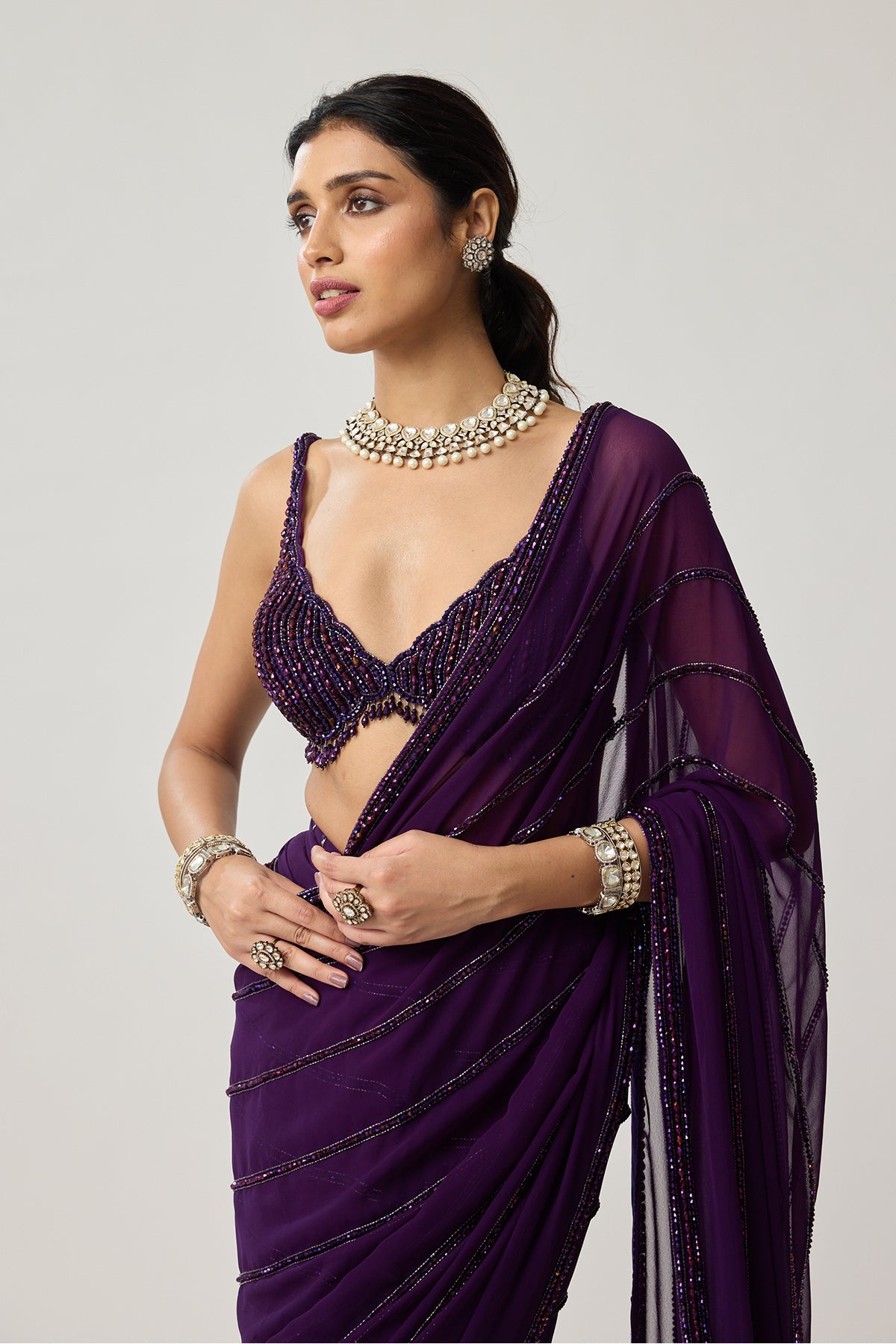 Royalty purple Crystal saree set