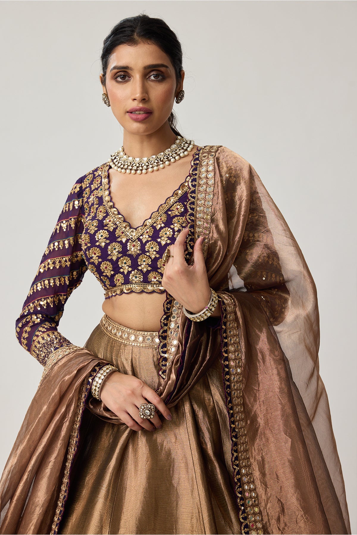 Copper Tissue Mughal Motif Lehenga Set