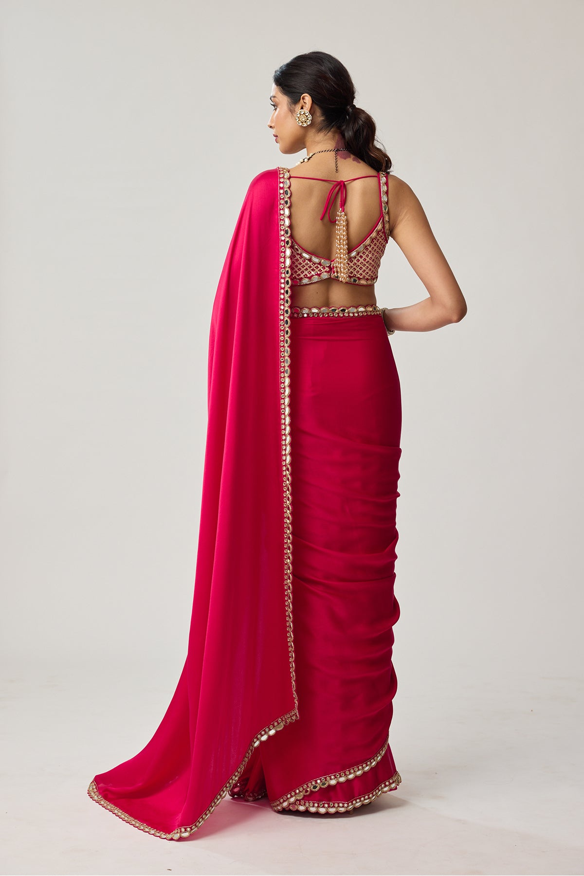 Crimson Red Gota And Mirror Embroidered Saree Set