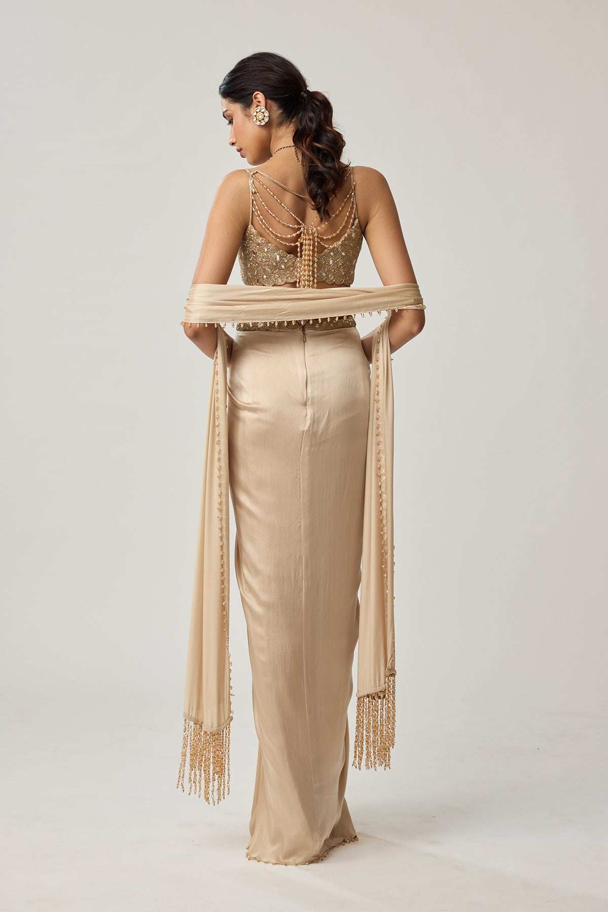 Light beige Mirror Satin draped skirt Set