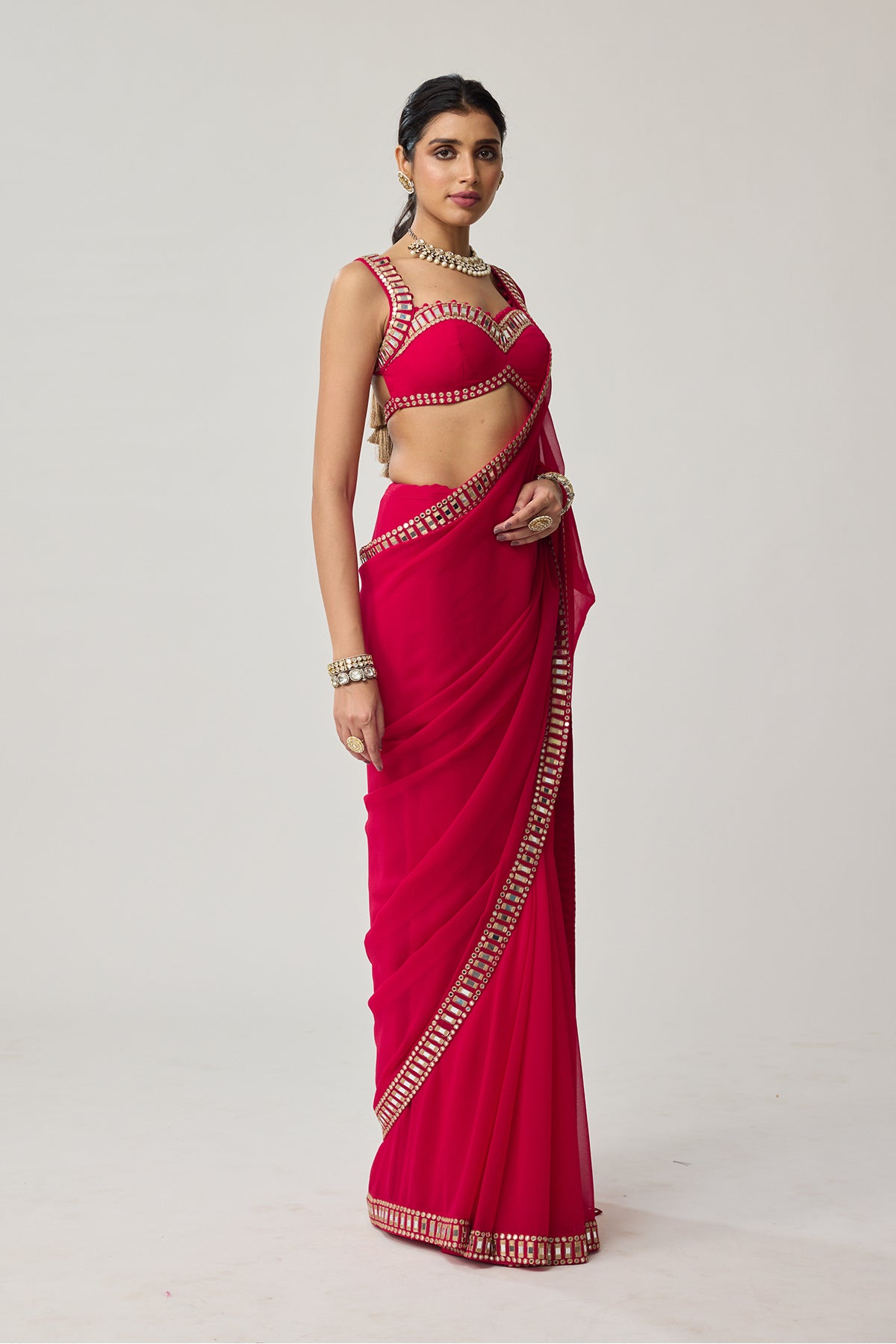 Crimson Red Mirror embroidered Georgette Saree Set