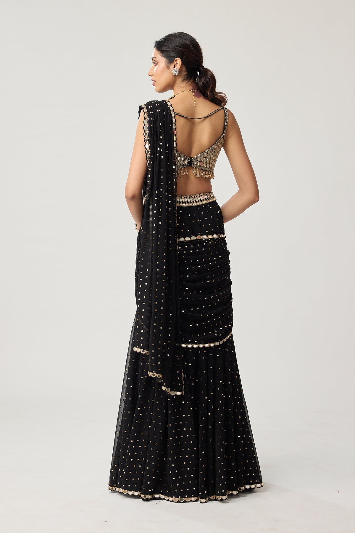 Black Georgette Flared pants Saree Set