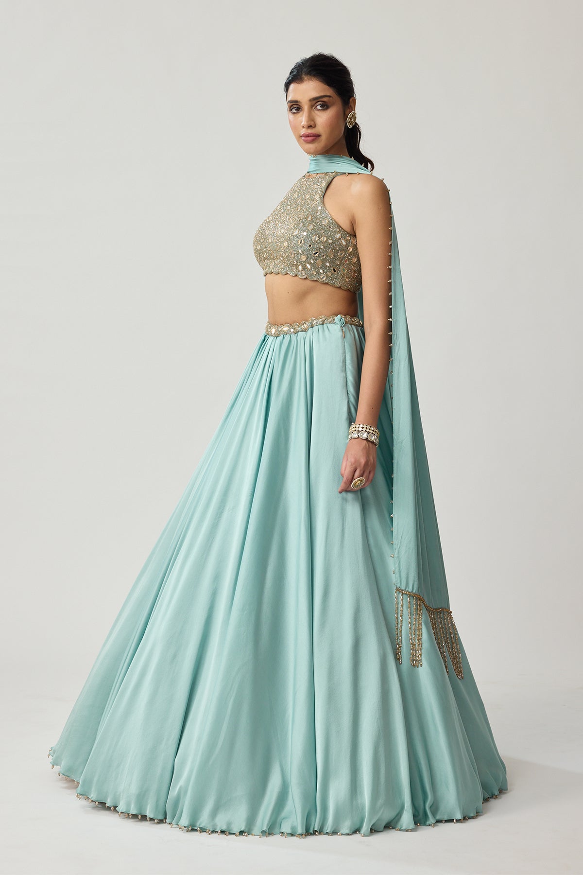 Powder Blue Mirror Satin skirt Set