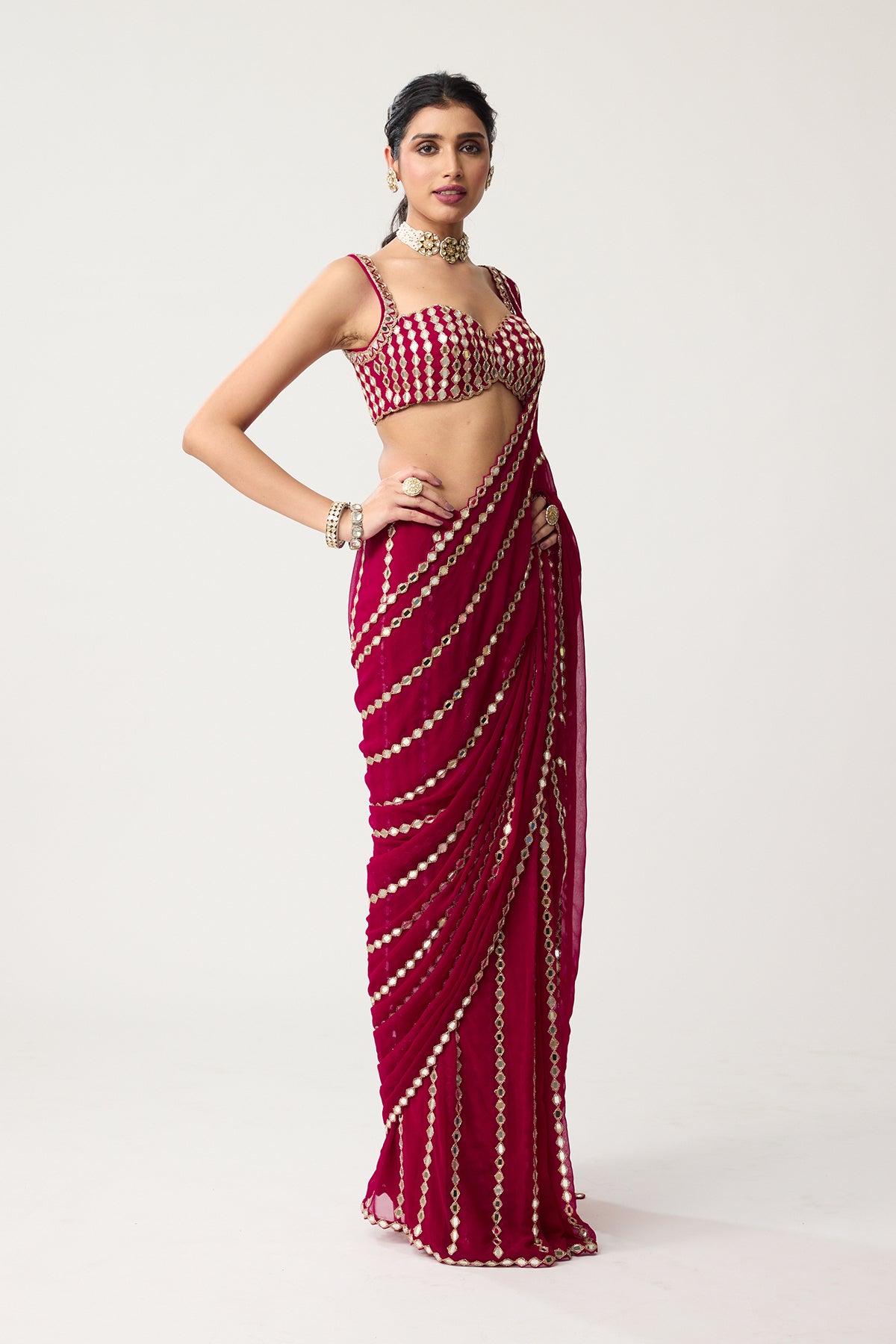 Ruby red Linear Mirror Saree Set