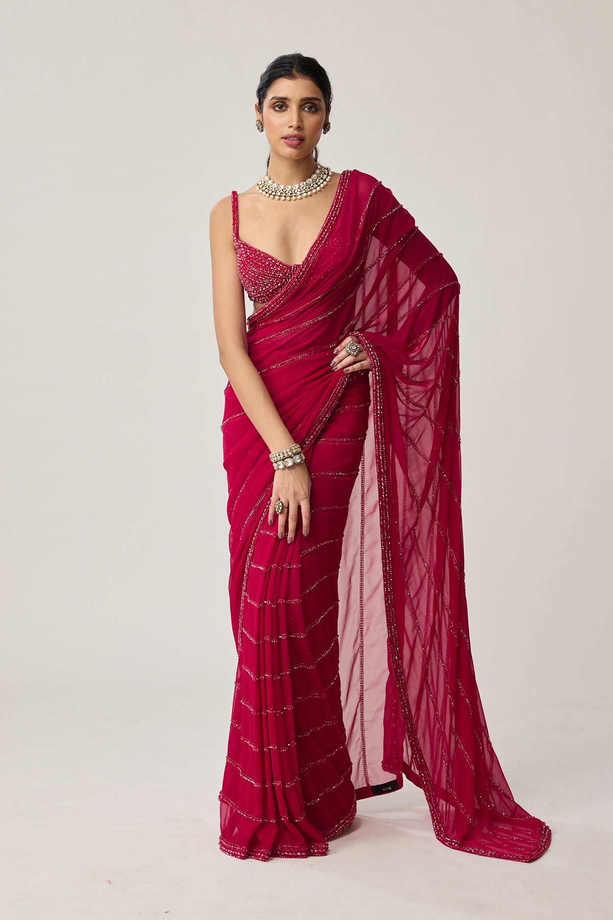 Ruby Red Crystal Saree set