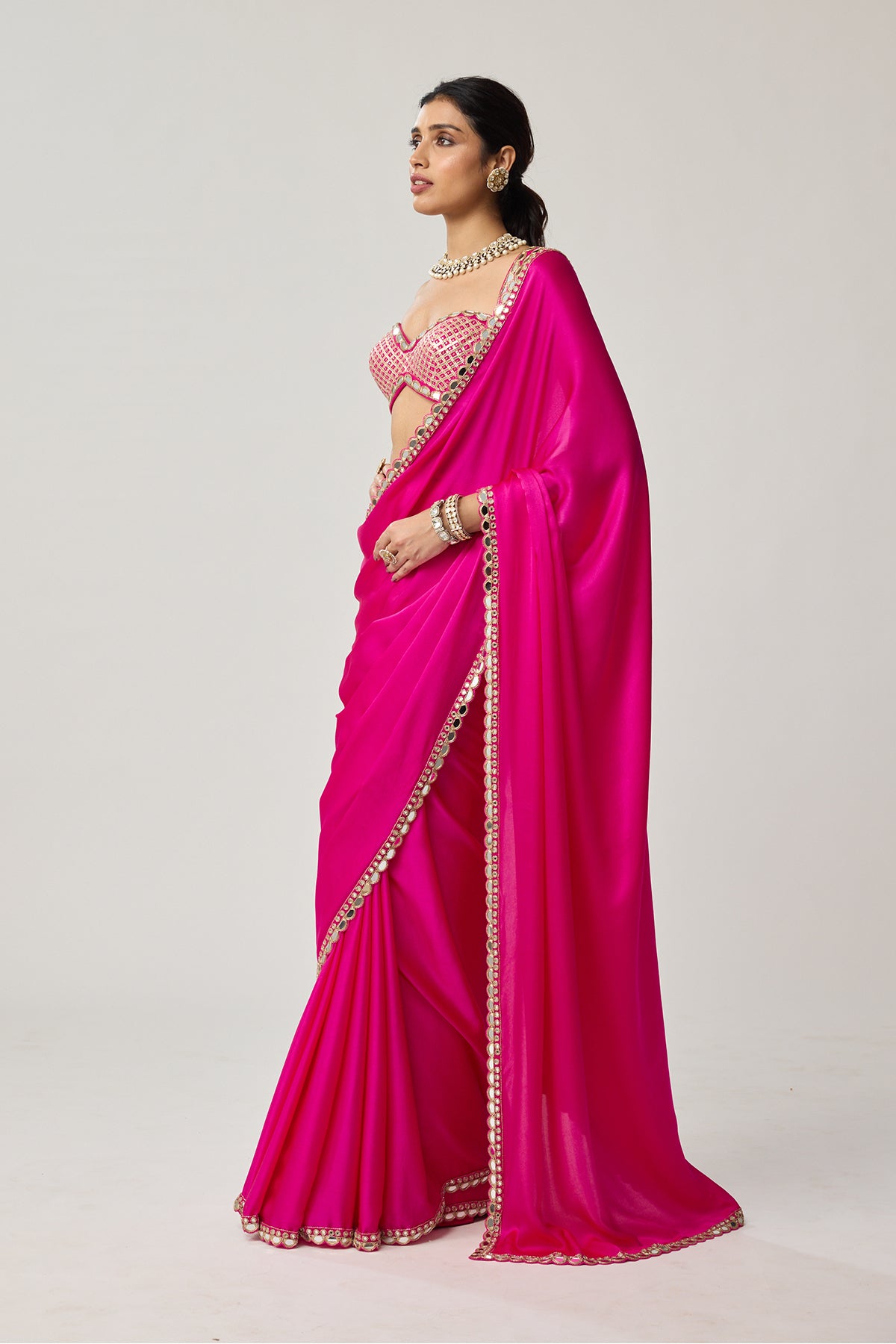 Fuchsia Pink Gota Mirror Saree Set