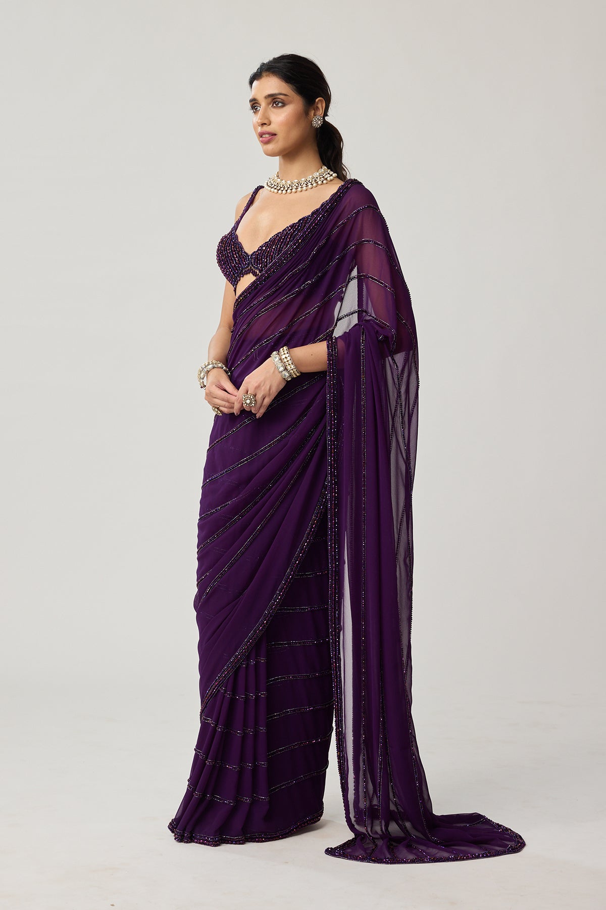 Royalty purple Crystal saree set