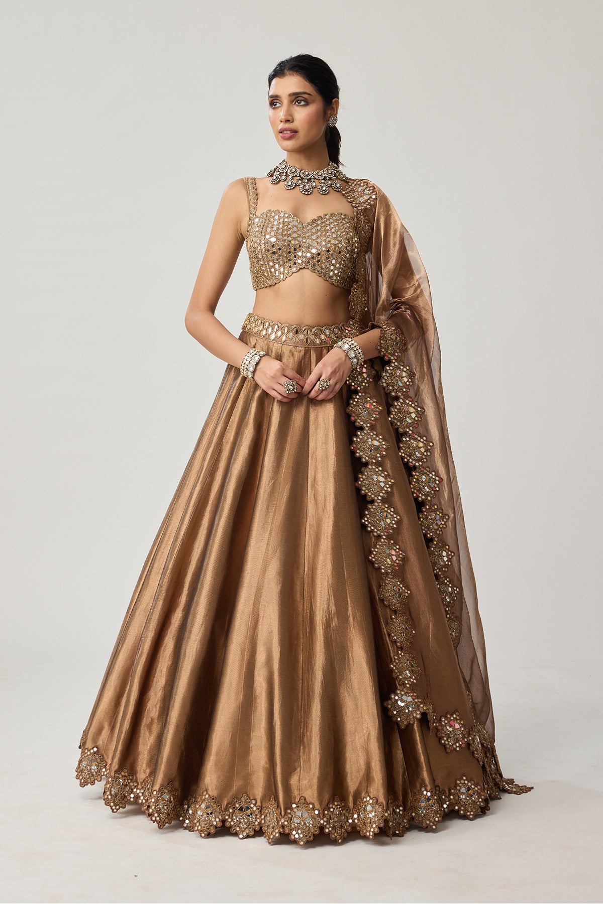 Copper Tissue Mirror Geometry Lehenga Set