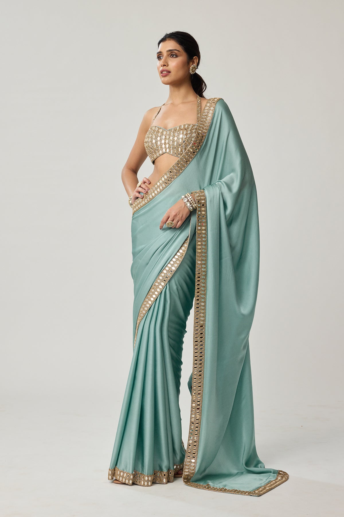 Powder Blue Mirror Satin Saree Set