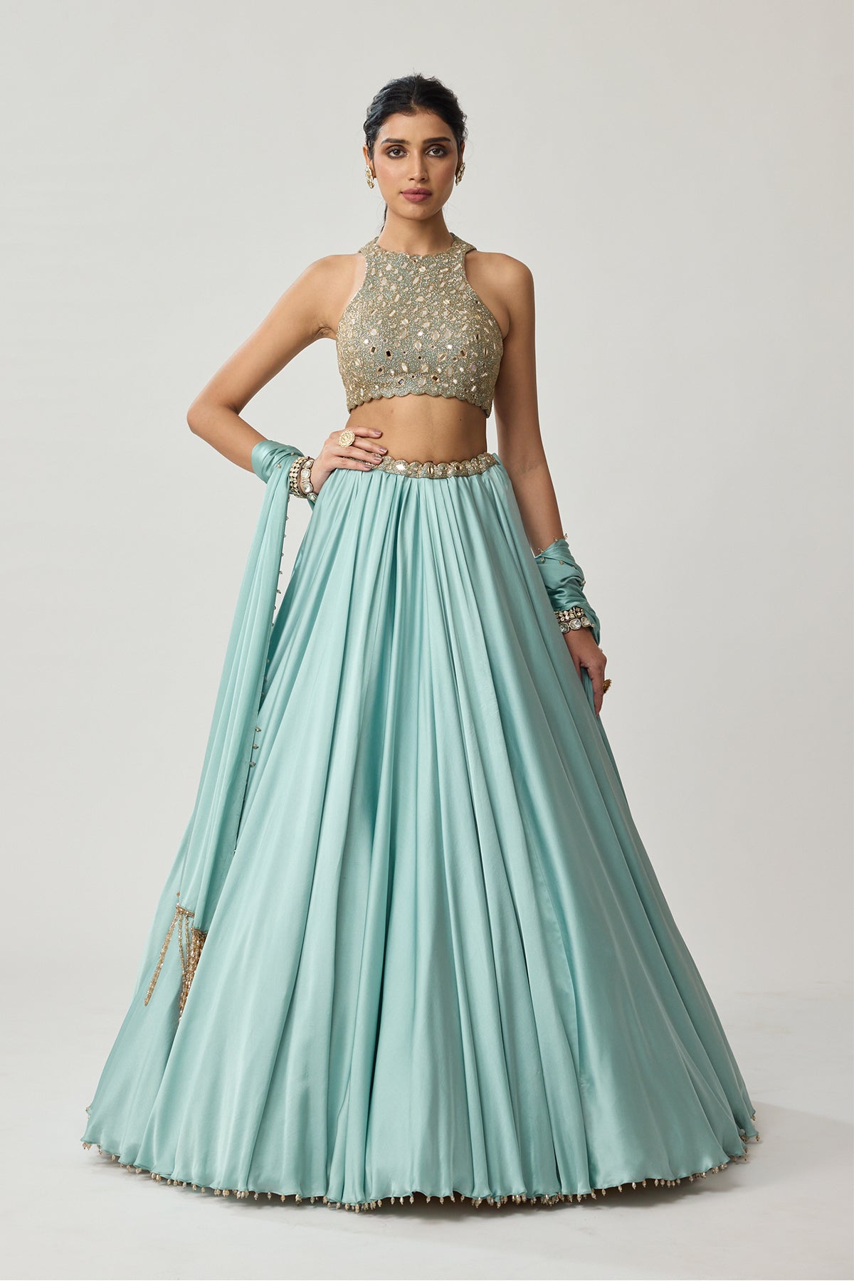 Powder Blue Mirror Satin skirt Set