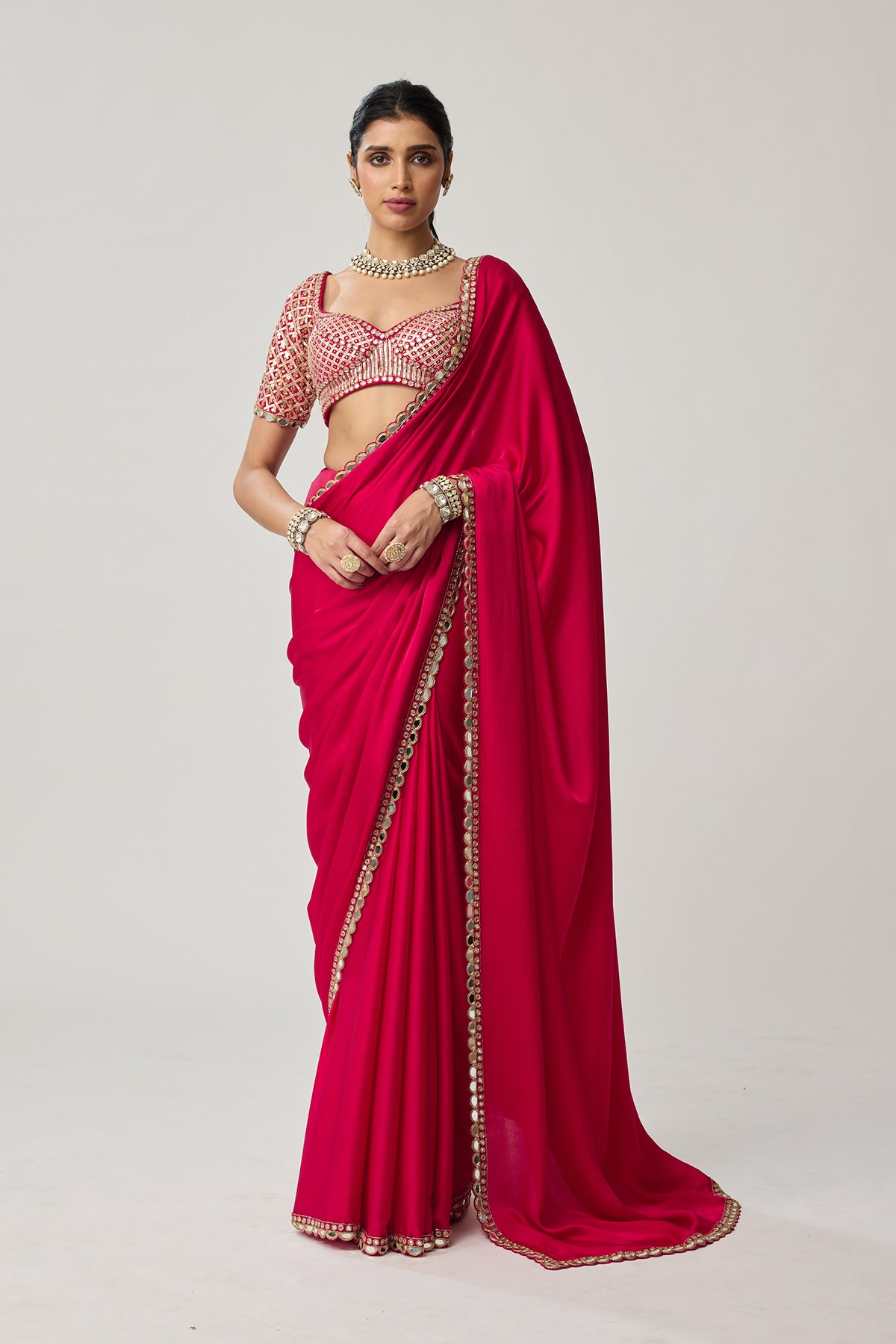 Crimson Red Gota Mirror Satin Saree Set