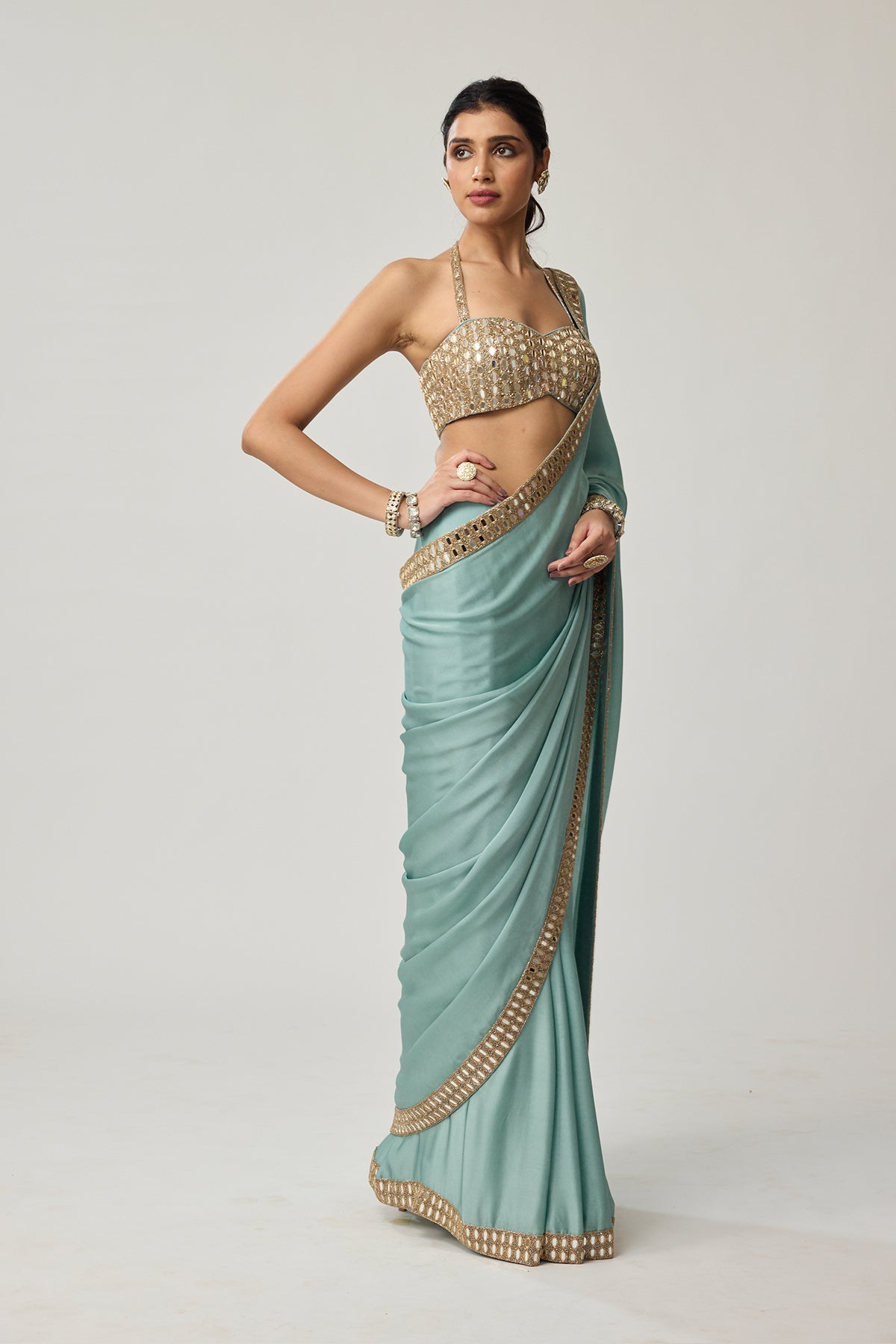 Powder Blue Mirror Satin Saree Set