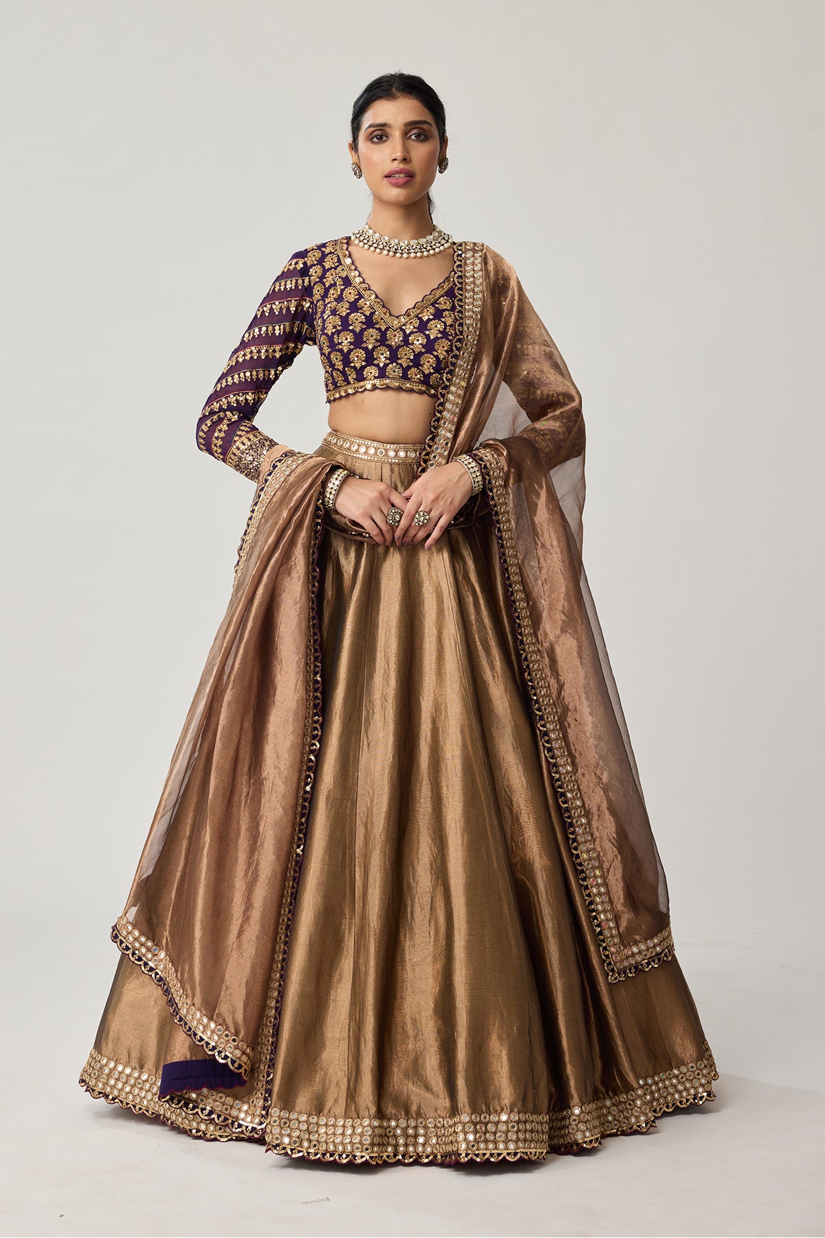 Copper Tissue Mughal Motif Lehenga Set