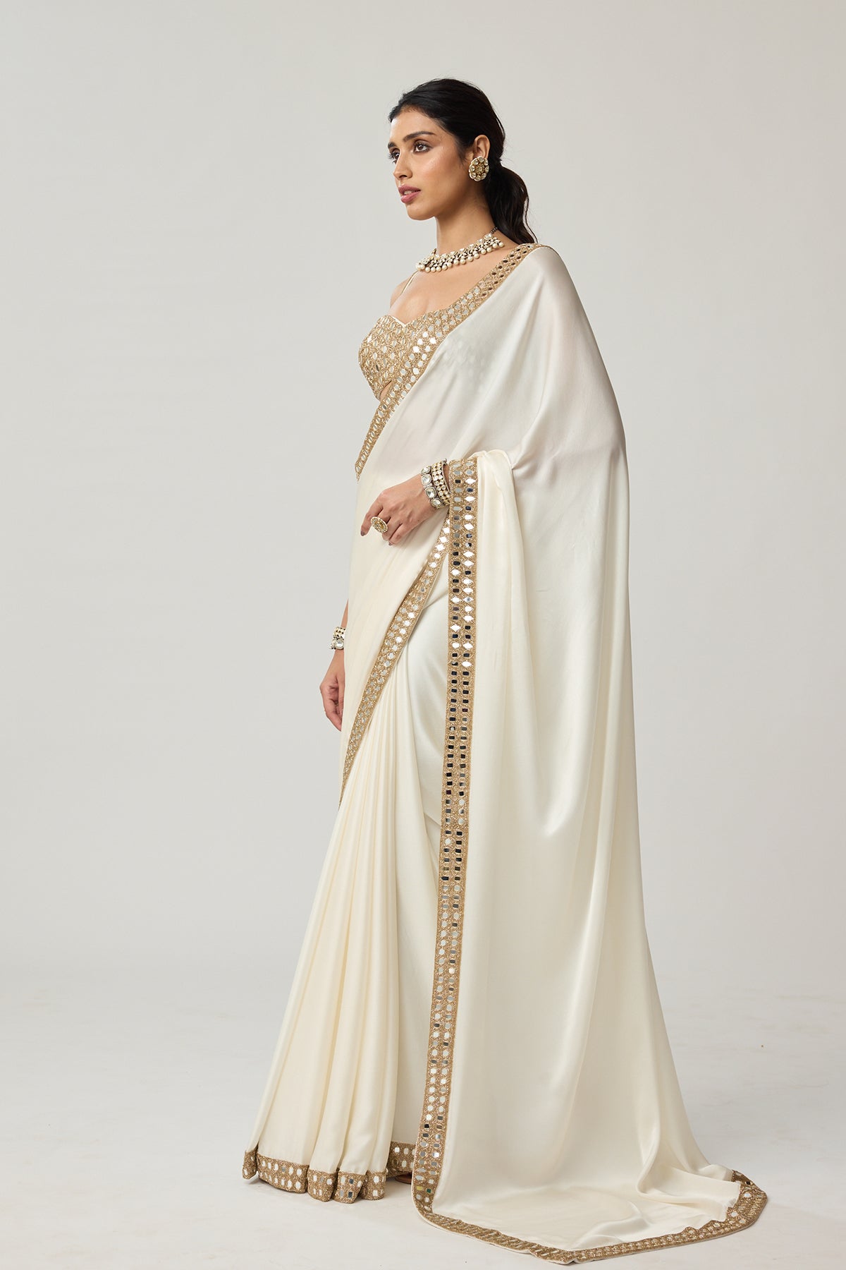 Off White Mirror Satin Saree Set