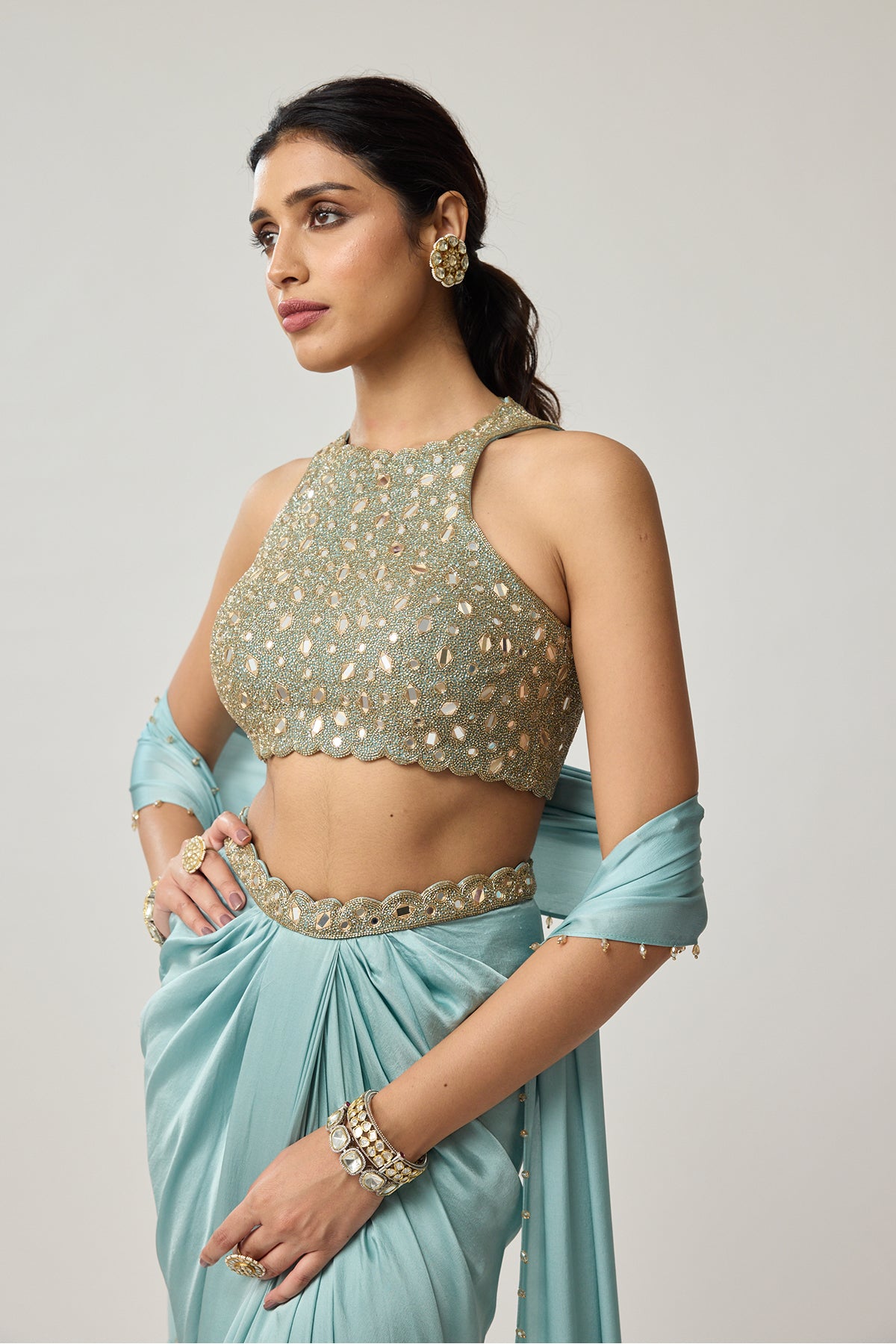 Powder Blue Mirror Satin draped skirt Set