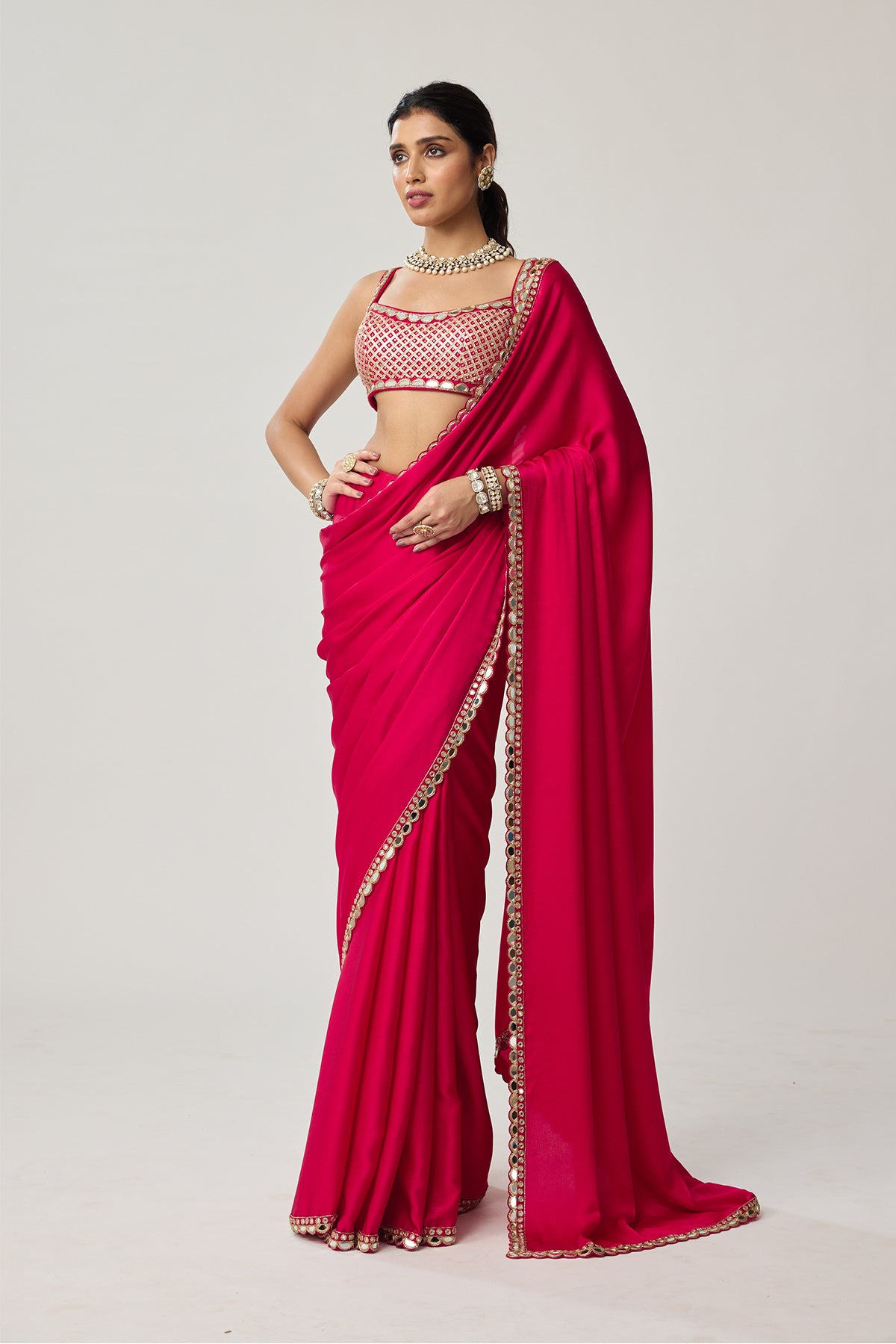 Crimson Red Gota And Mirror Embroidered Saree Set
