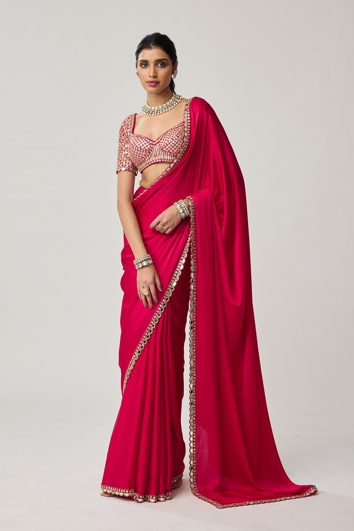 Crimson Red Gota Mirror Satin Saree Set