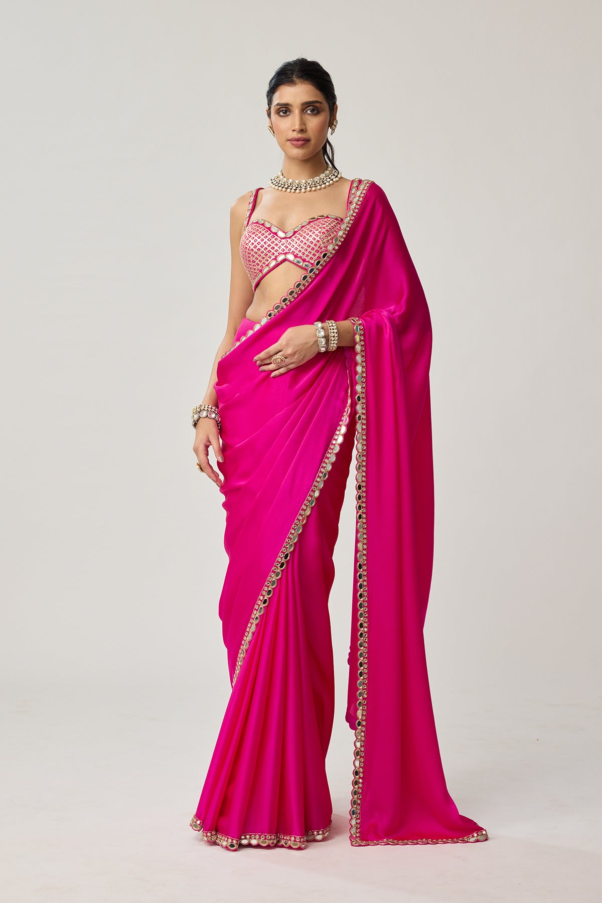Fuchsia Pink Gota Mirror Saree Set
