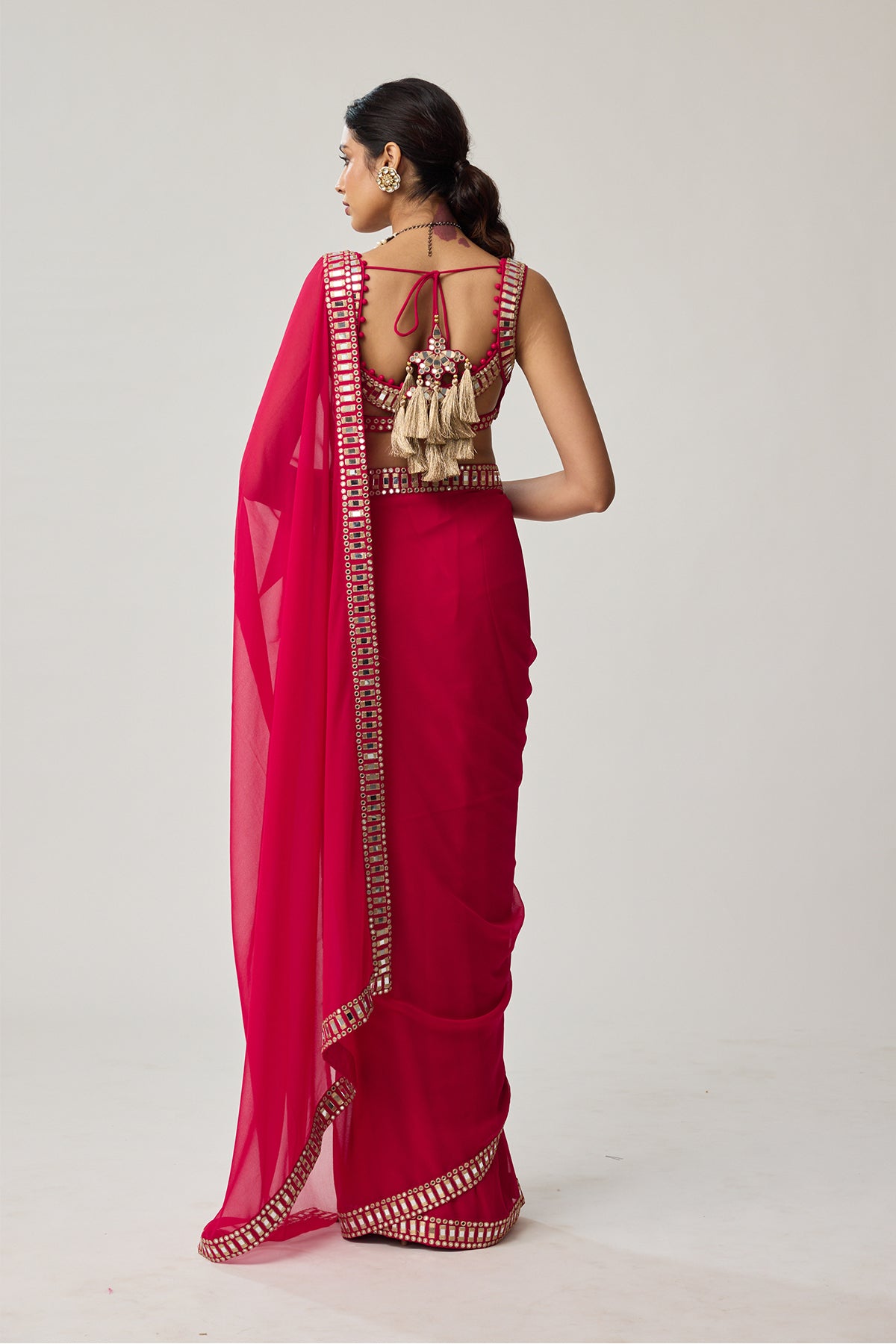 Crimson Red Mirror embroidered Georgette Saree Set