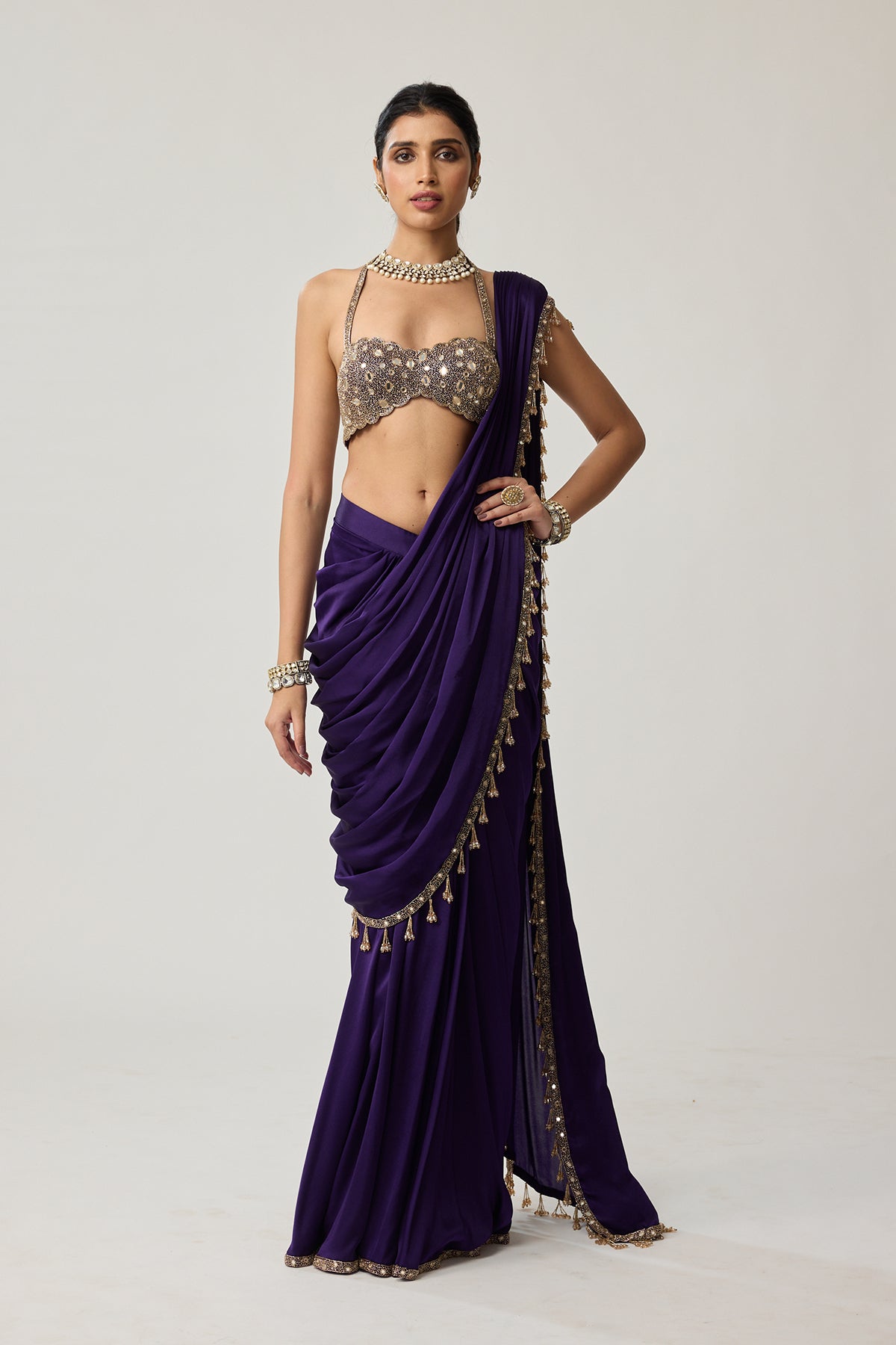 Royalty Purple Mirror Draped Saree Set