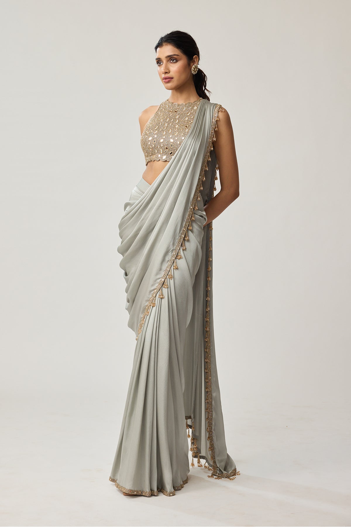 Powder Grey Mirror Satin Saree Set