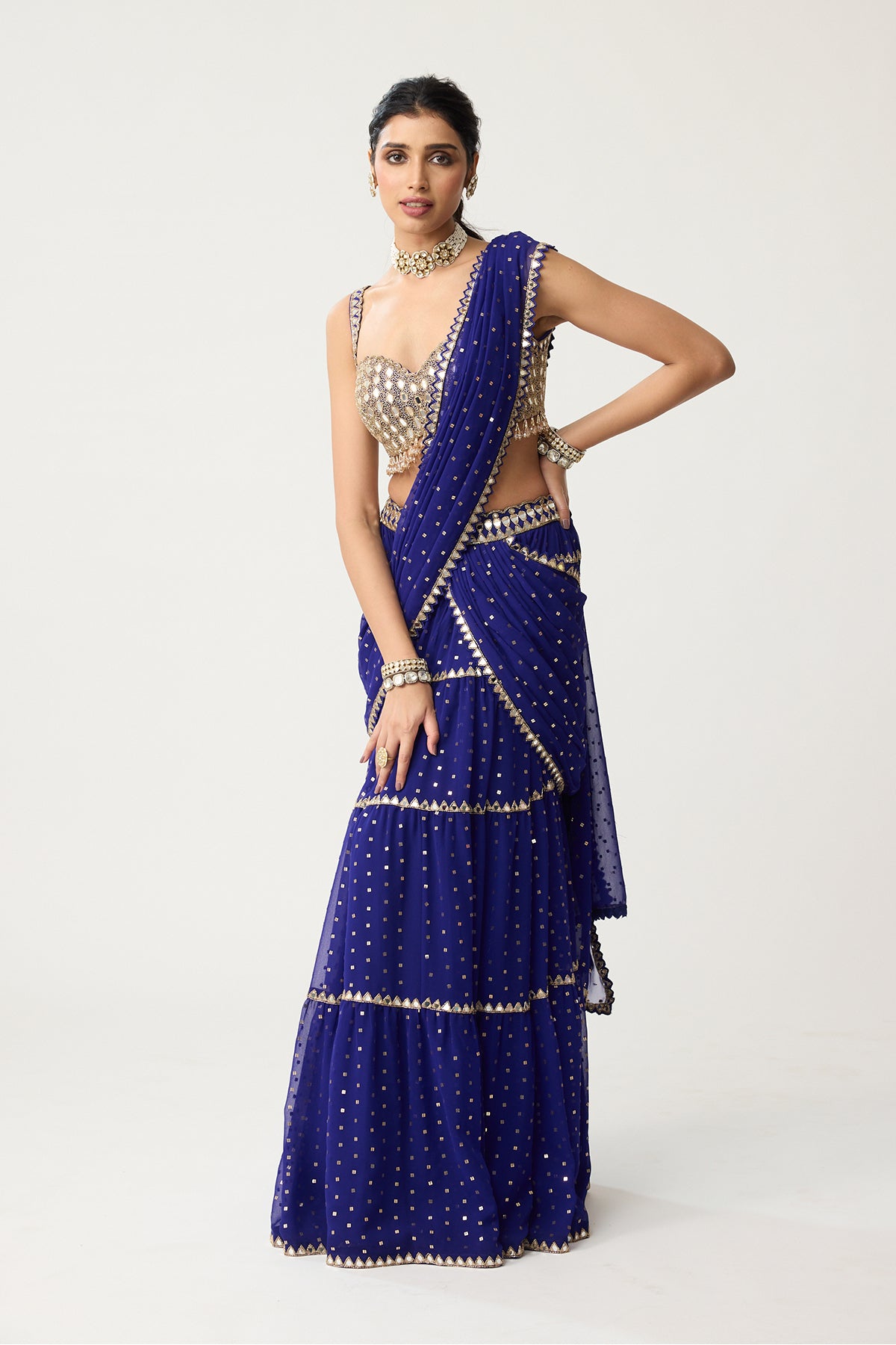 Persian Blue Multi-tier Mirror Saree Set