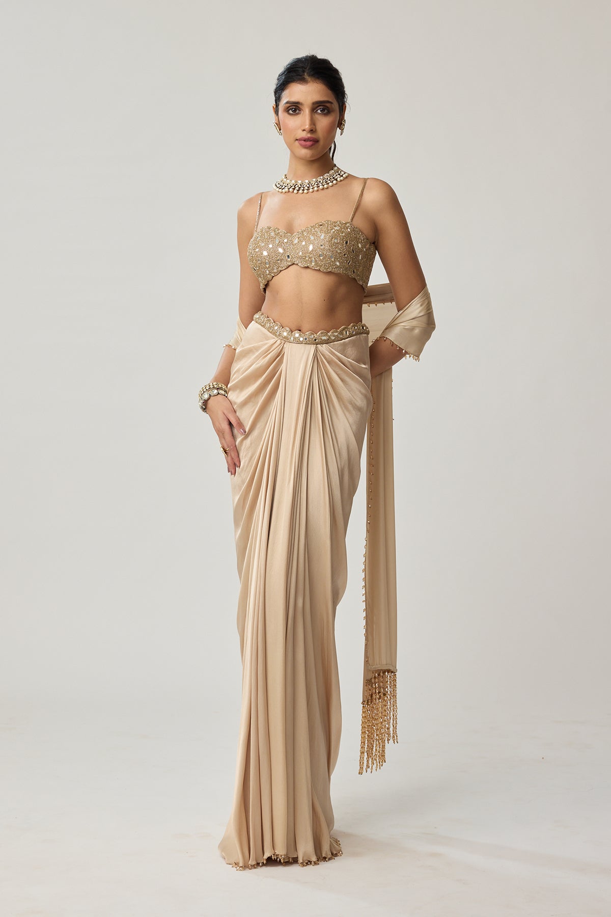 Light beige Mirror Satin draped skirt Set