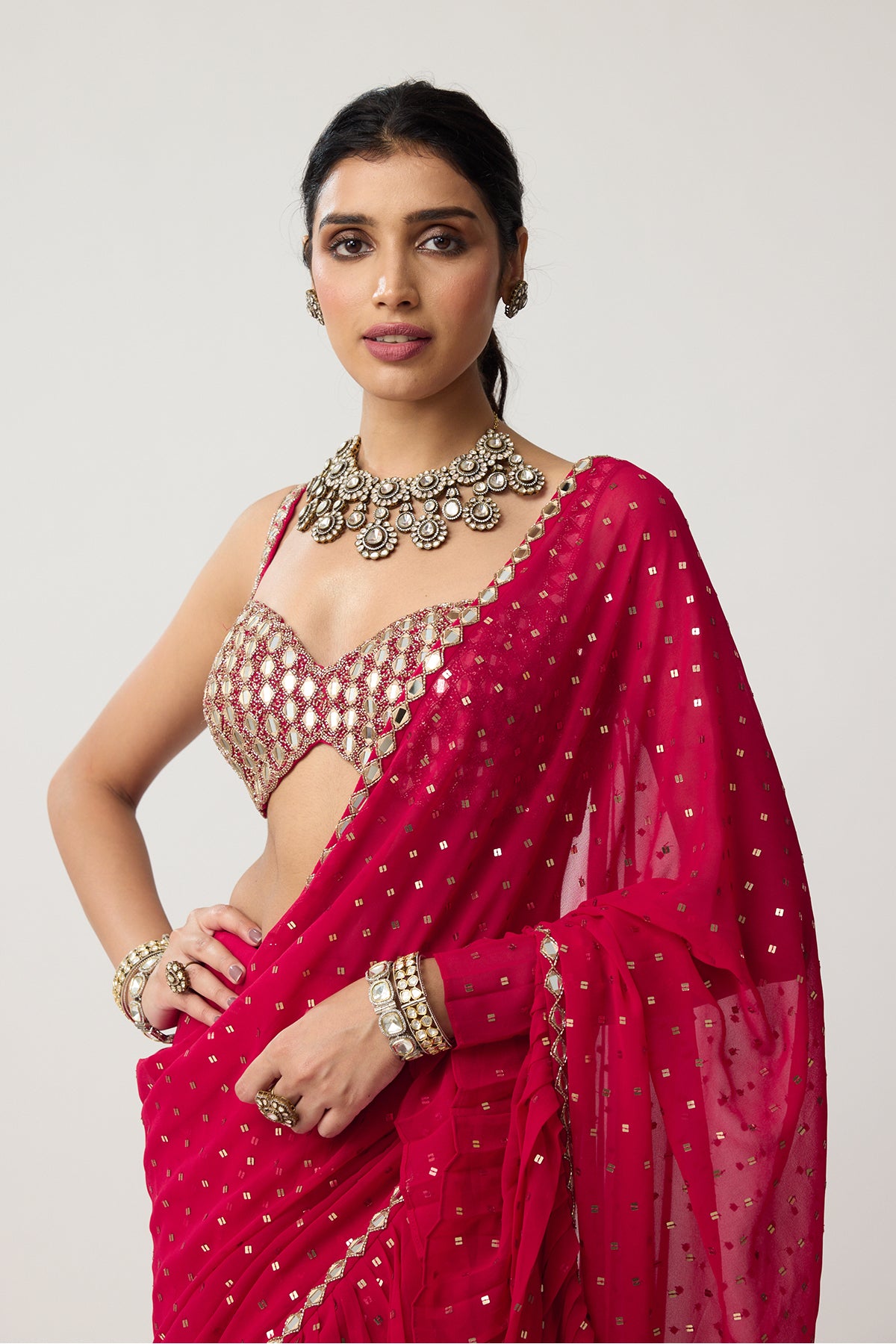 Crimson Red Ruffle Sequins Mirror Saree Set