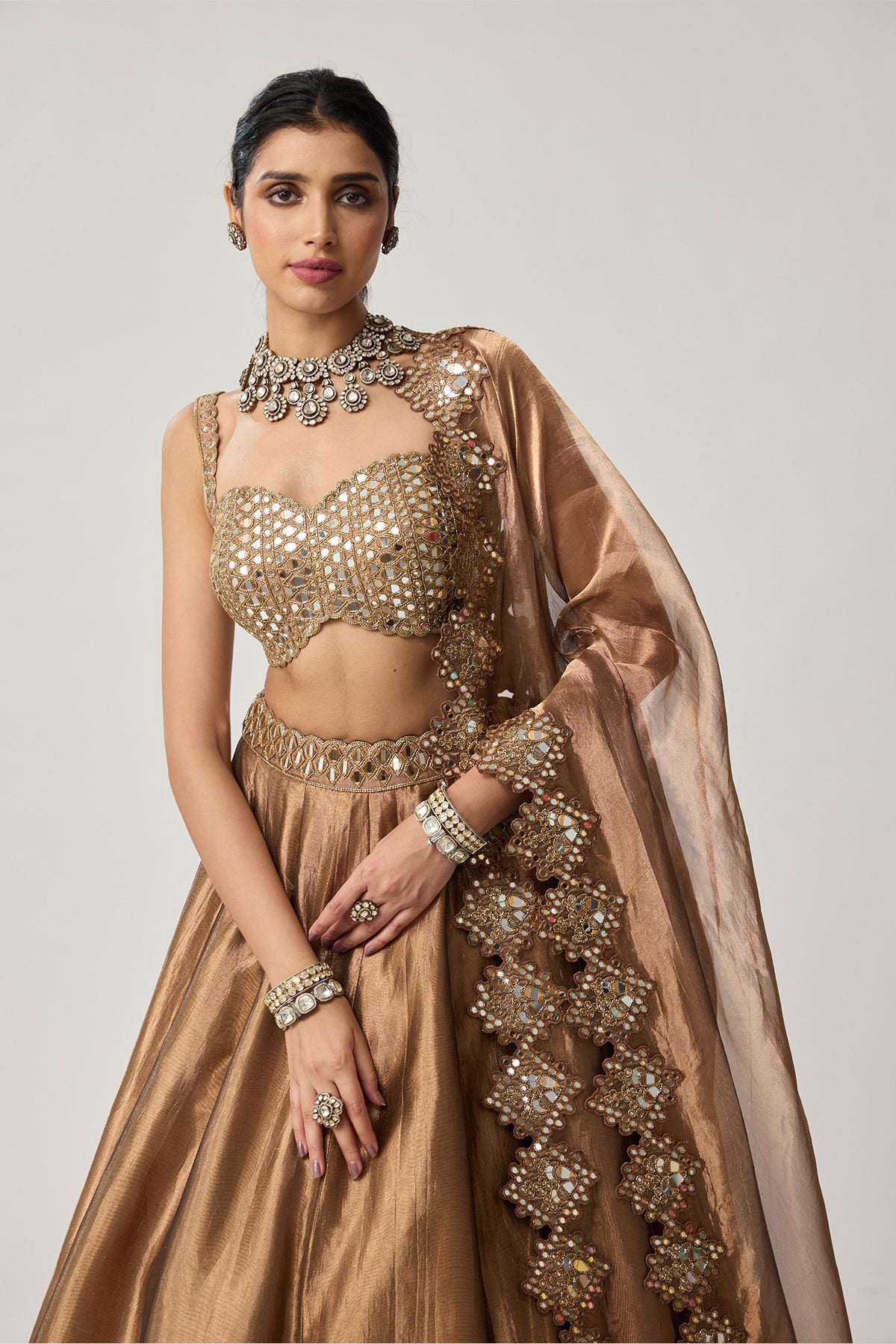 Copper Tissue Mirror Geometry Lehenga Set