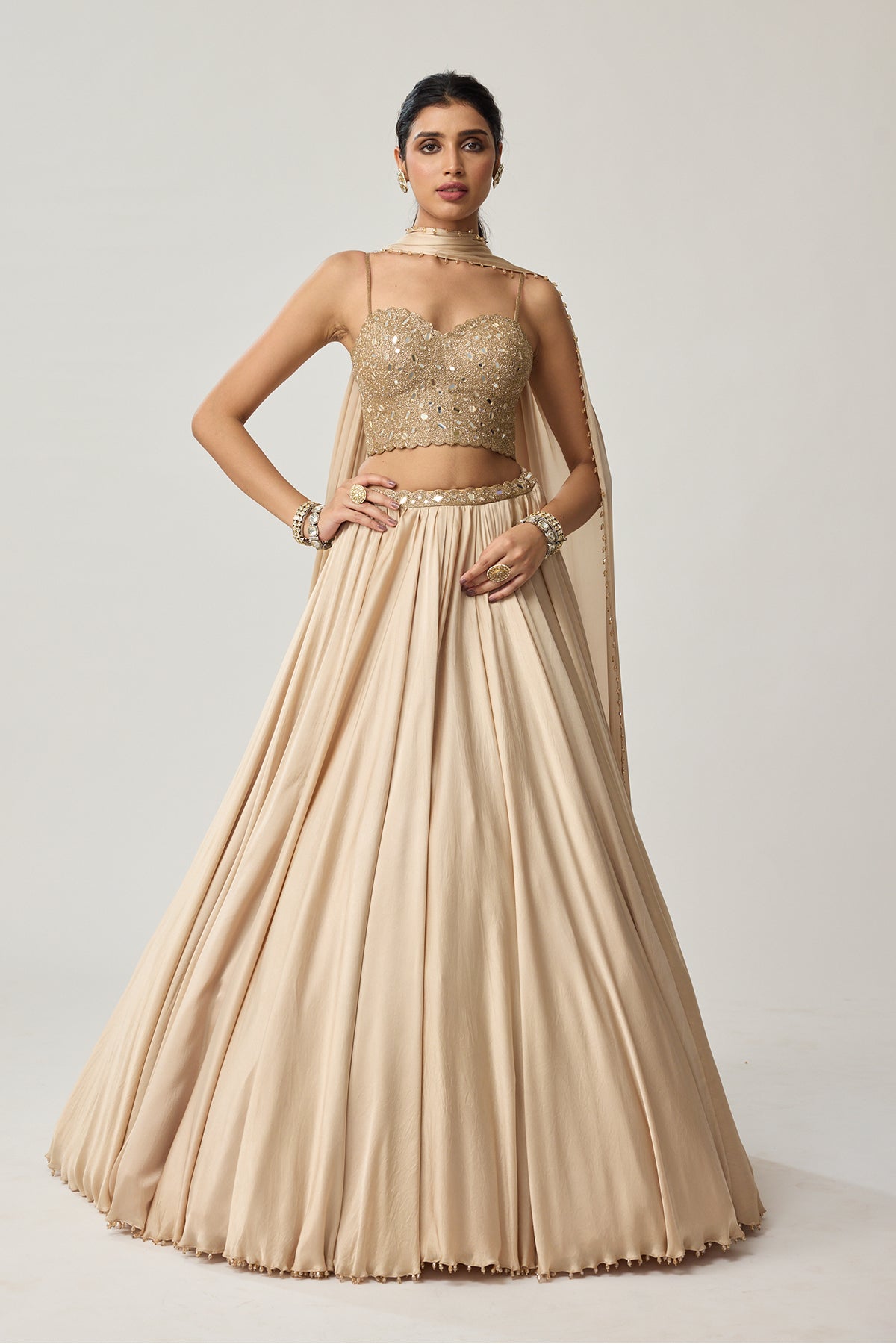 Light Beige Mirror Corset Satin skirt Set