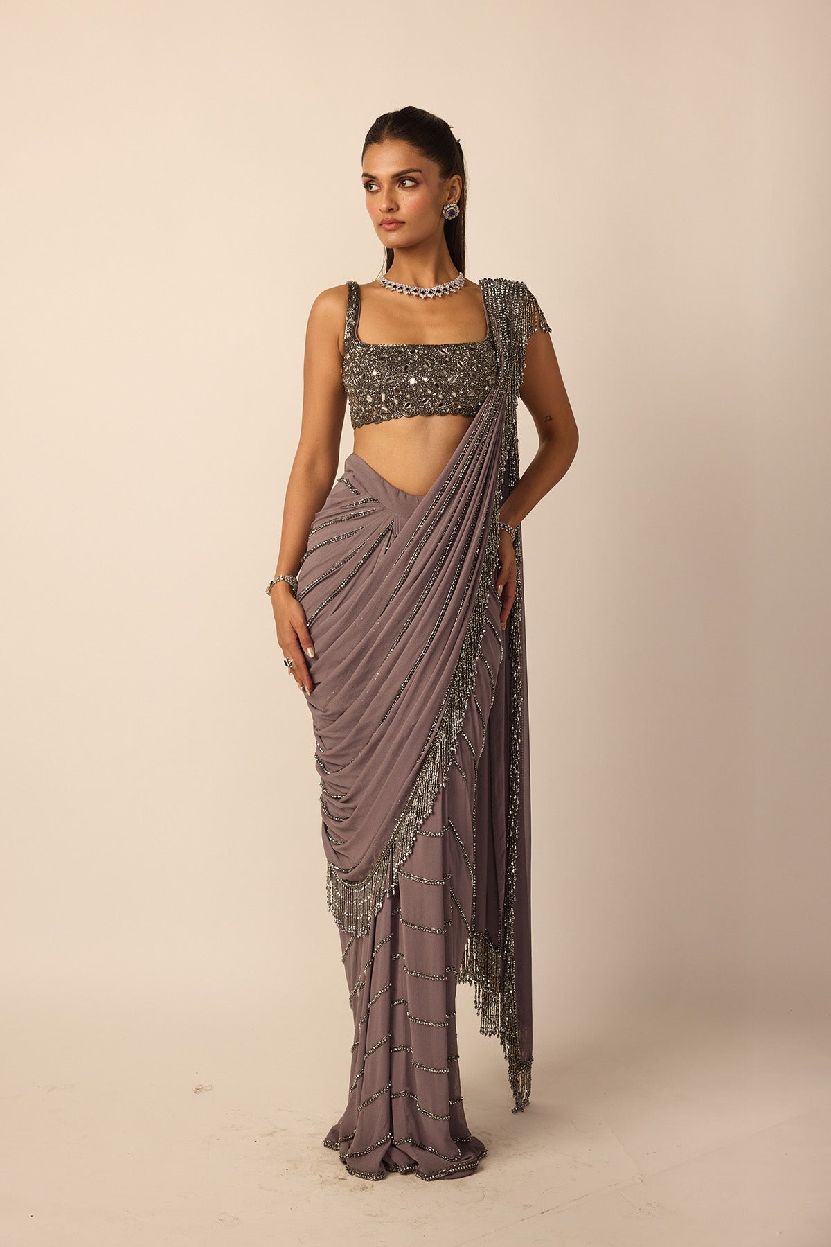 Metallic Grey Linear Draped Saree