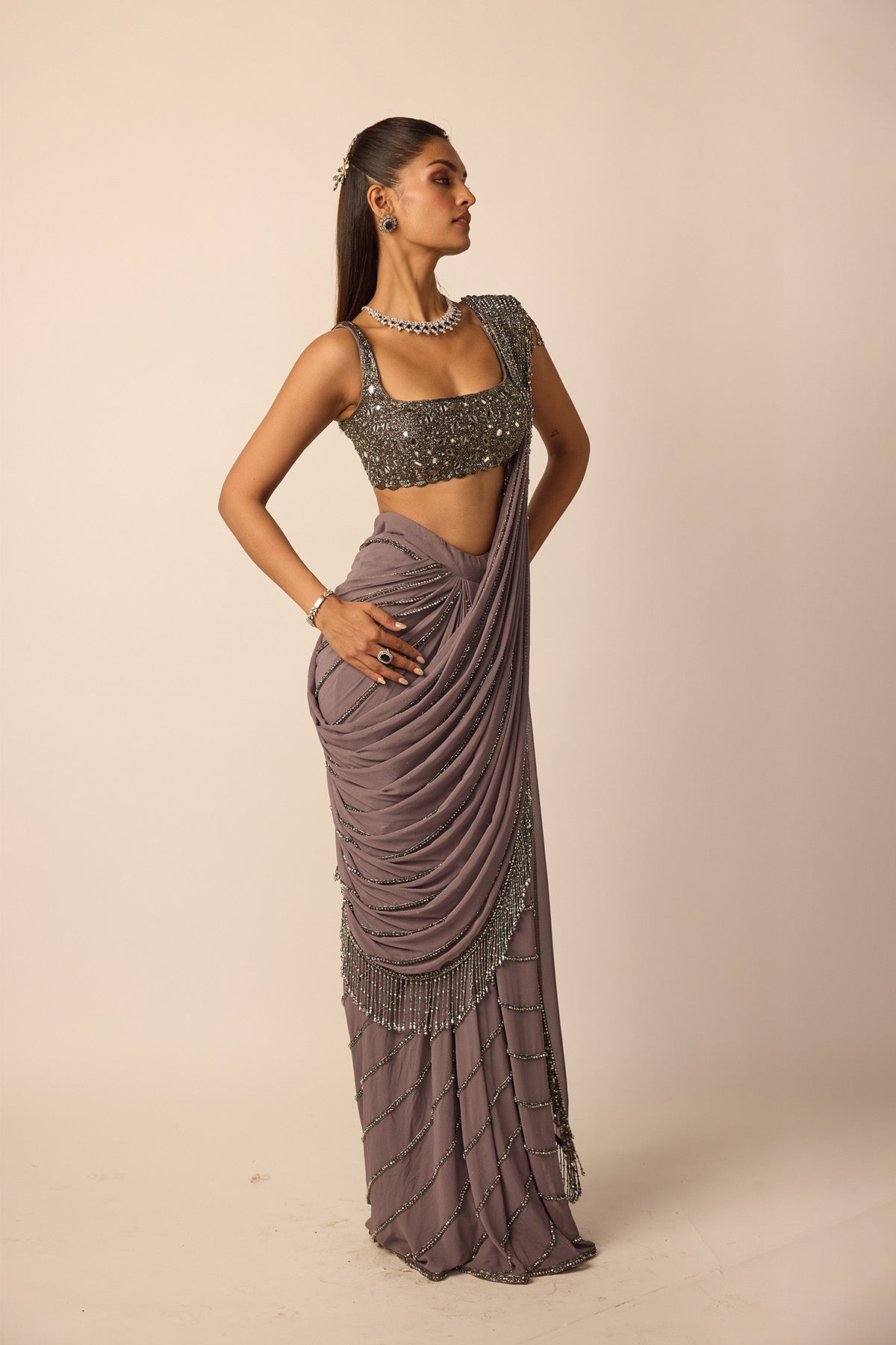 Metallic Grey Linear Draped Saree