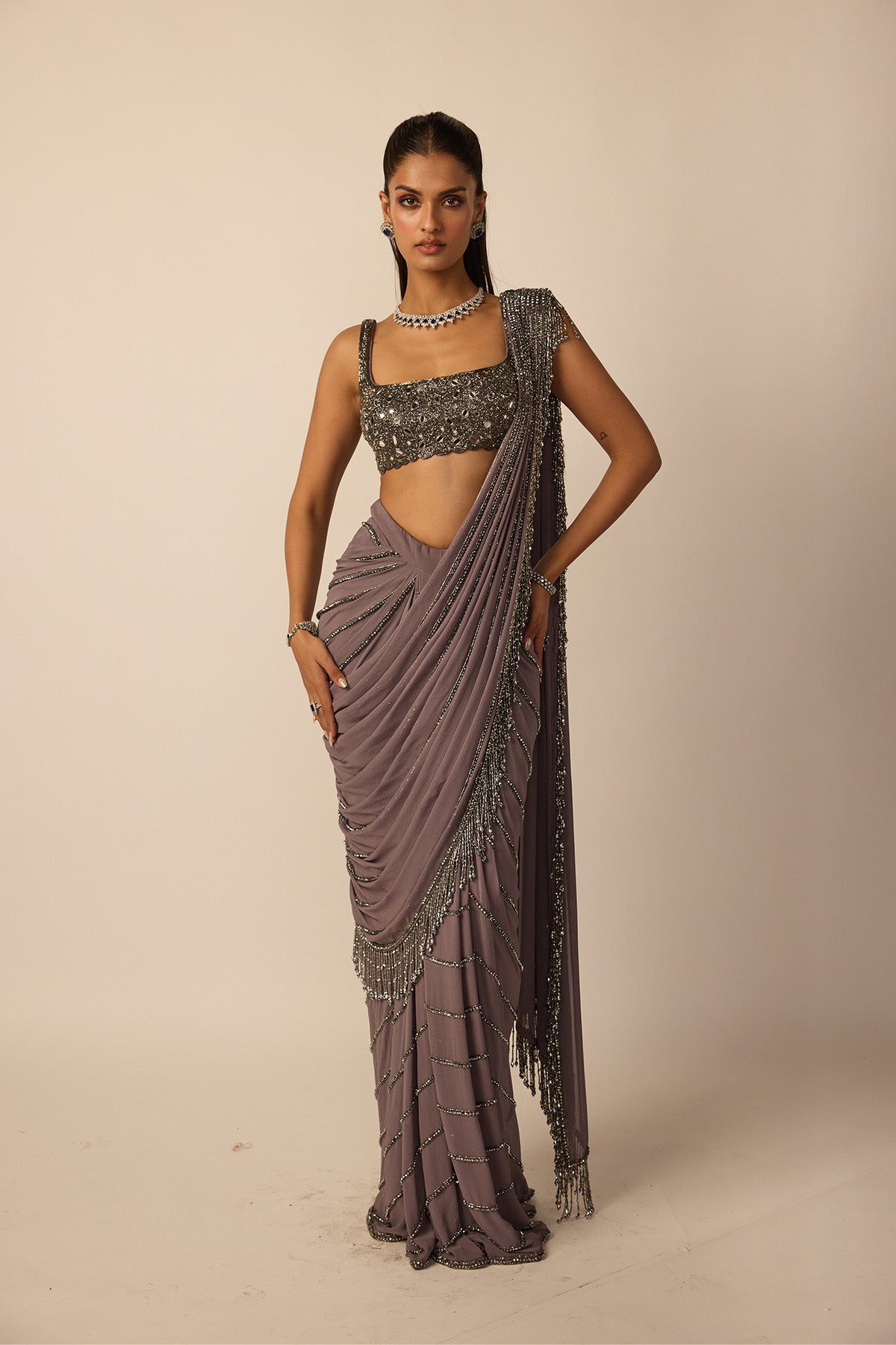 Metallic Grey Linear Draped Saree