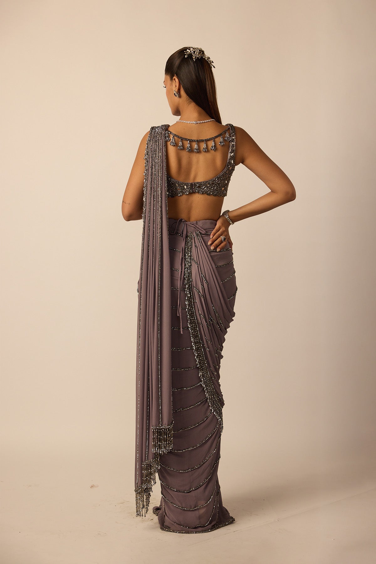 Metallic Grey Linear Draped Saree