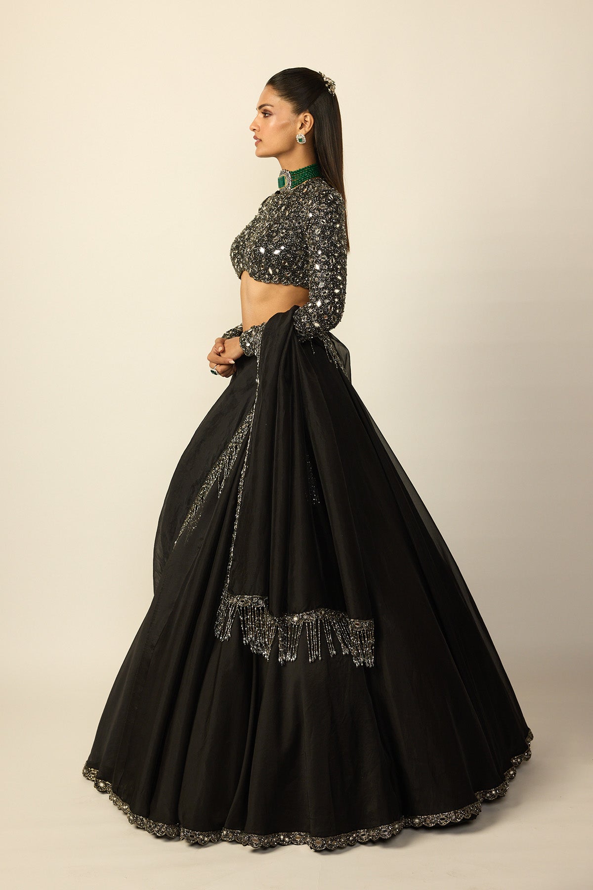 Black Tassel Dupatta Lehenga Set